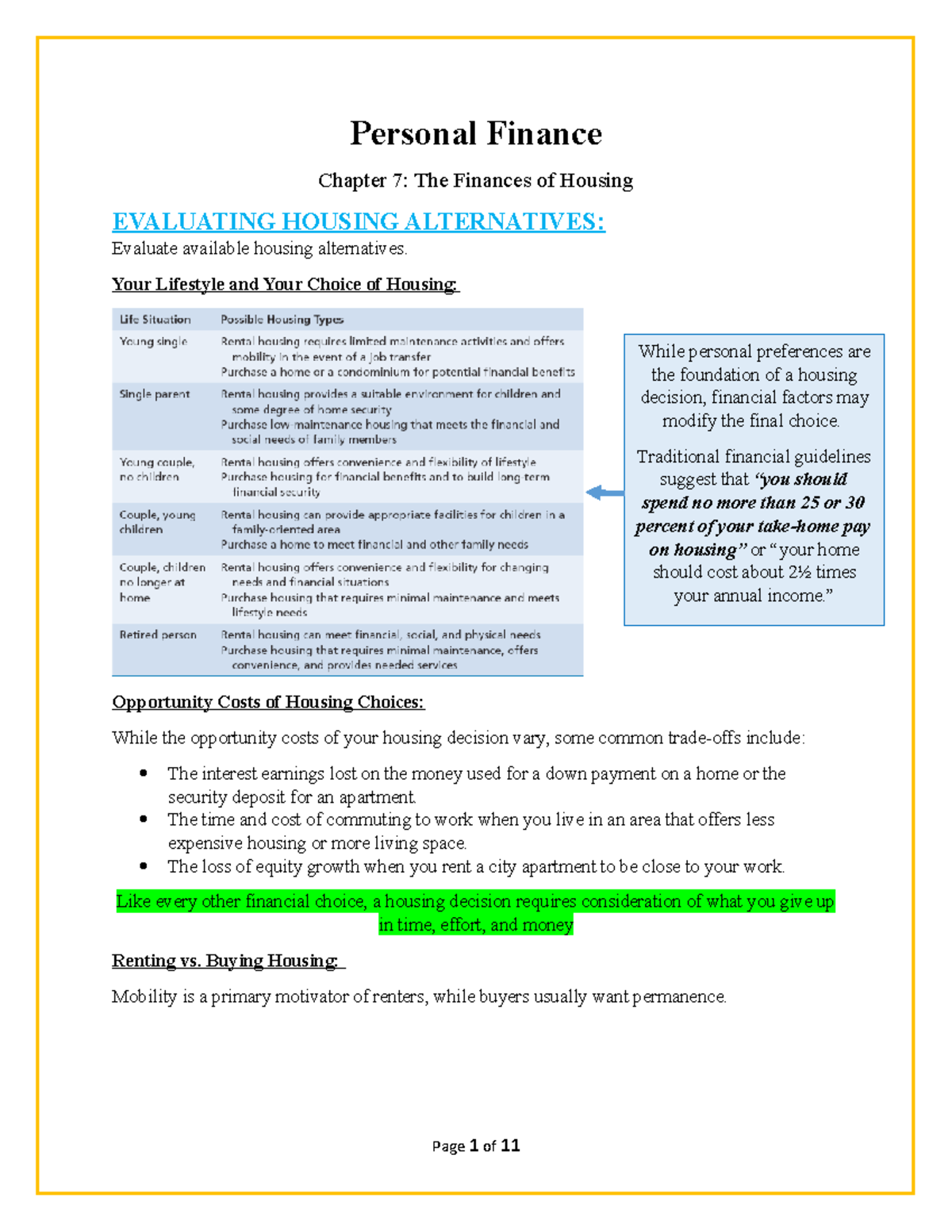 Personal Finance Ch 7 Note - Personal Finance Chapter 7: The Finances ...