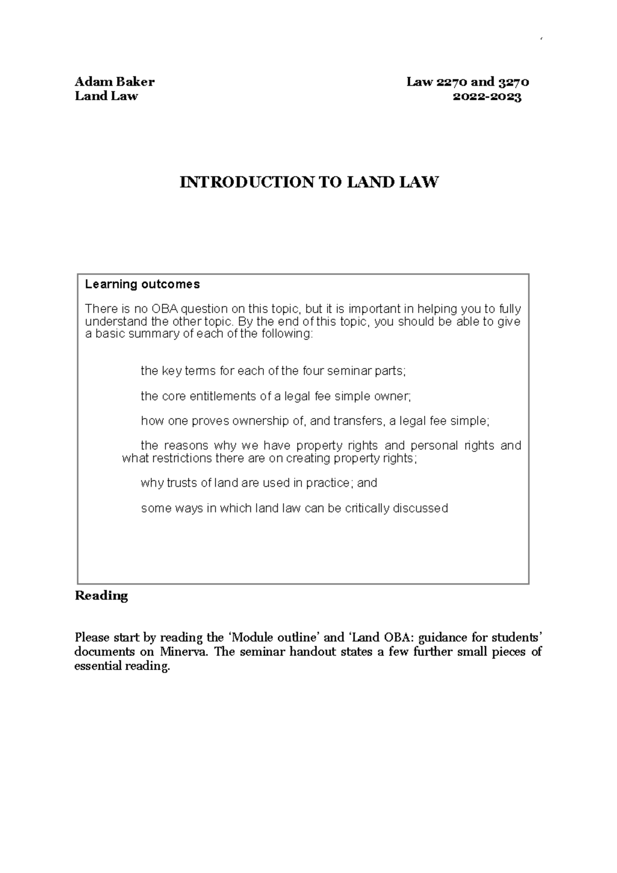 Intro to land law notes Adam Baker Law 2270 and 3270 Land Law 2022