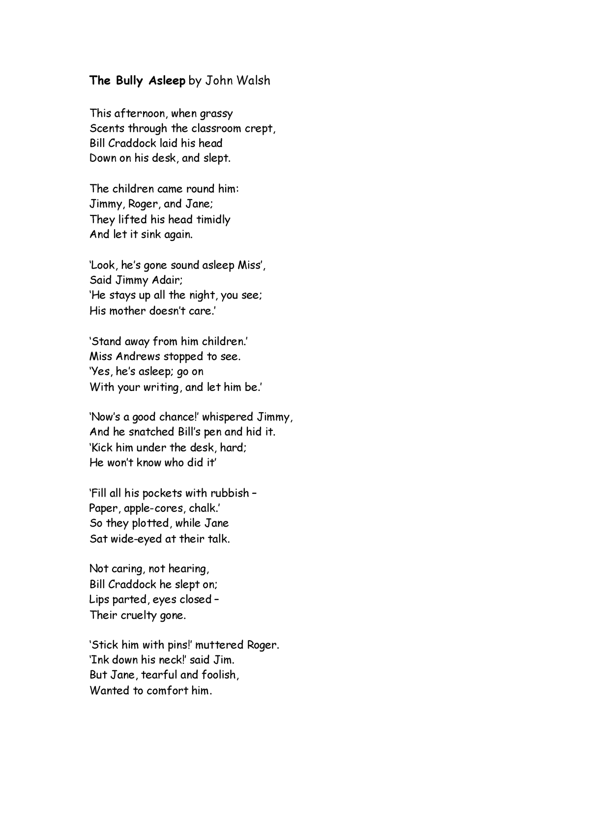 The Bully Asleep-Poem - sdfsdfdsf - The Bully Asleep by John Walsh This ...