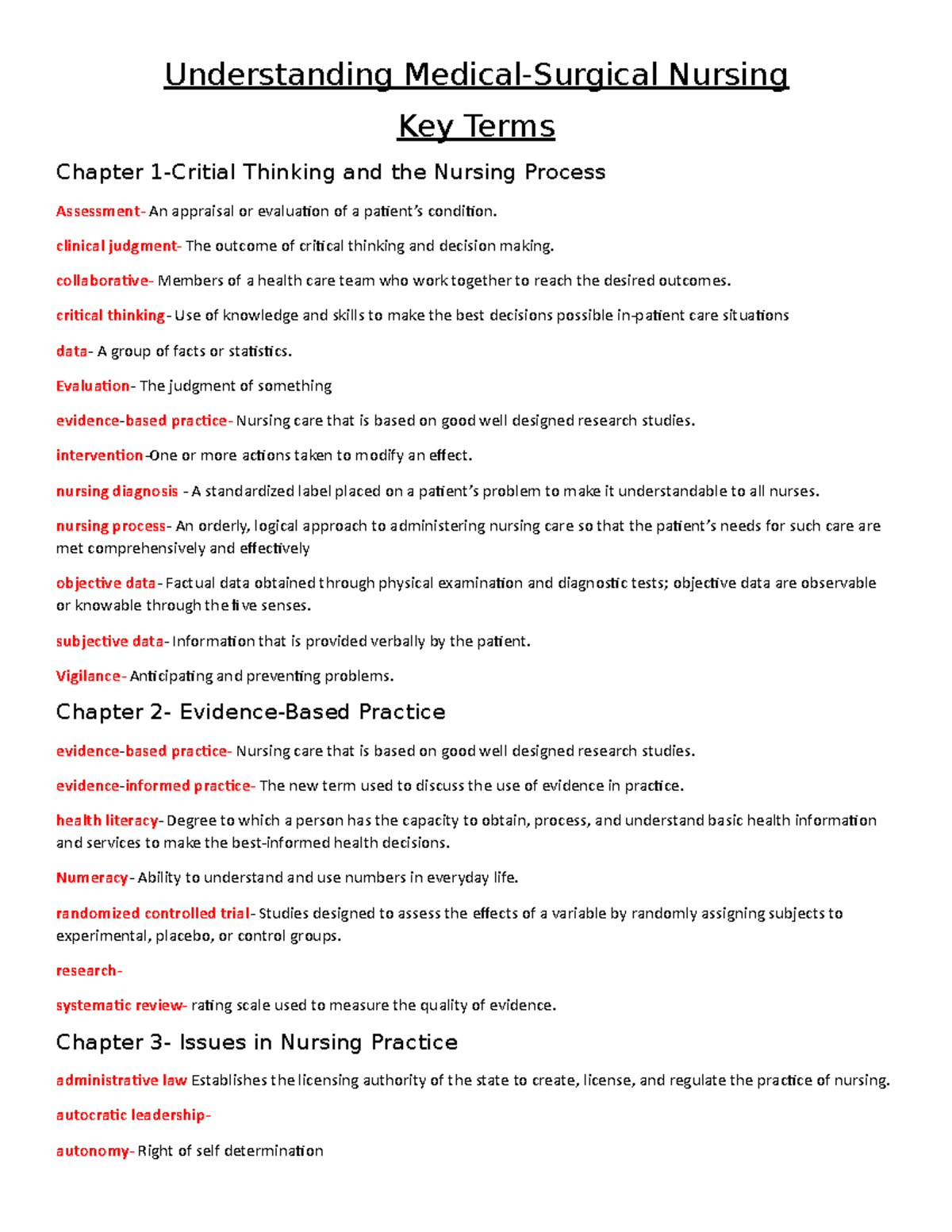 Understanding Medical Surgical Nursing Key Terms Understanding