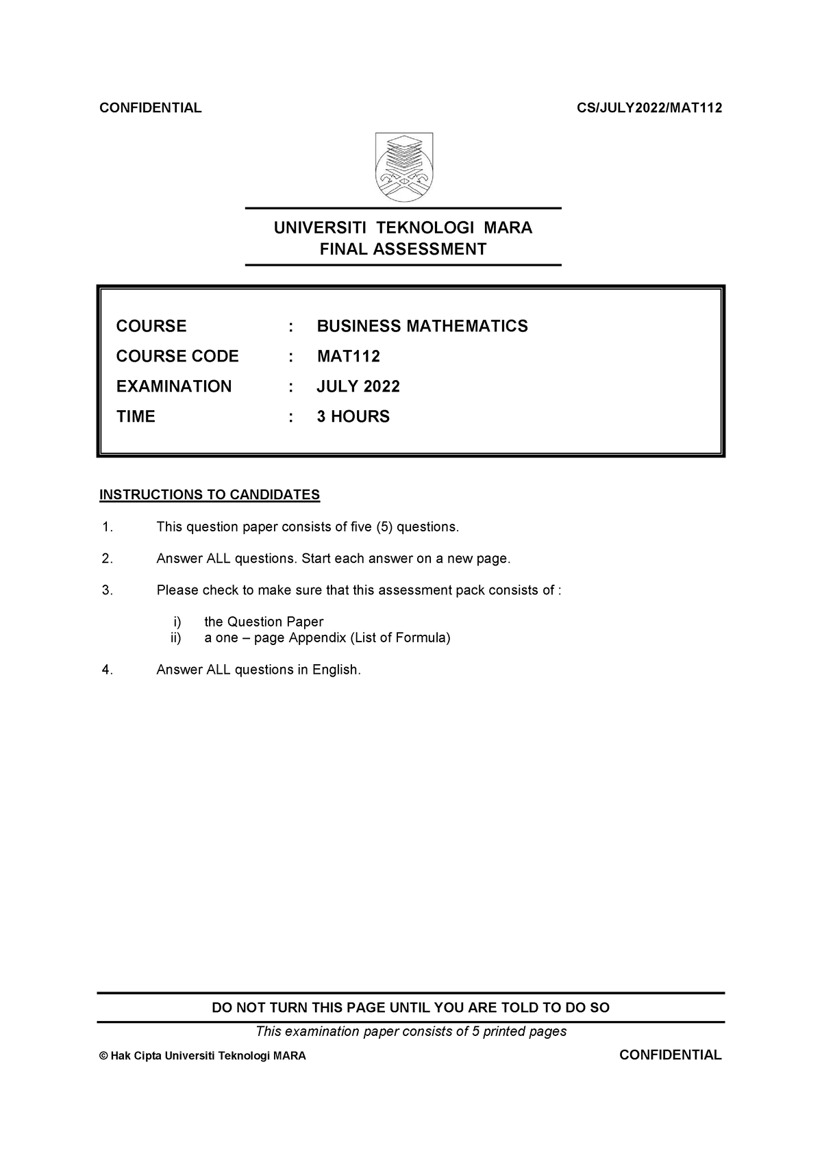 JULY 2022 Final Assessment SET 2 - UNIVERSITI TEKNOLOGI MARA FINAL ...