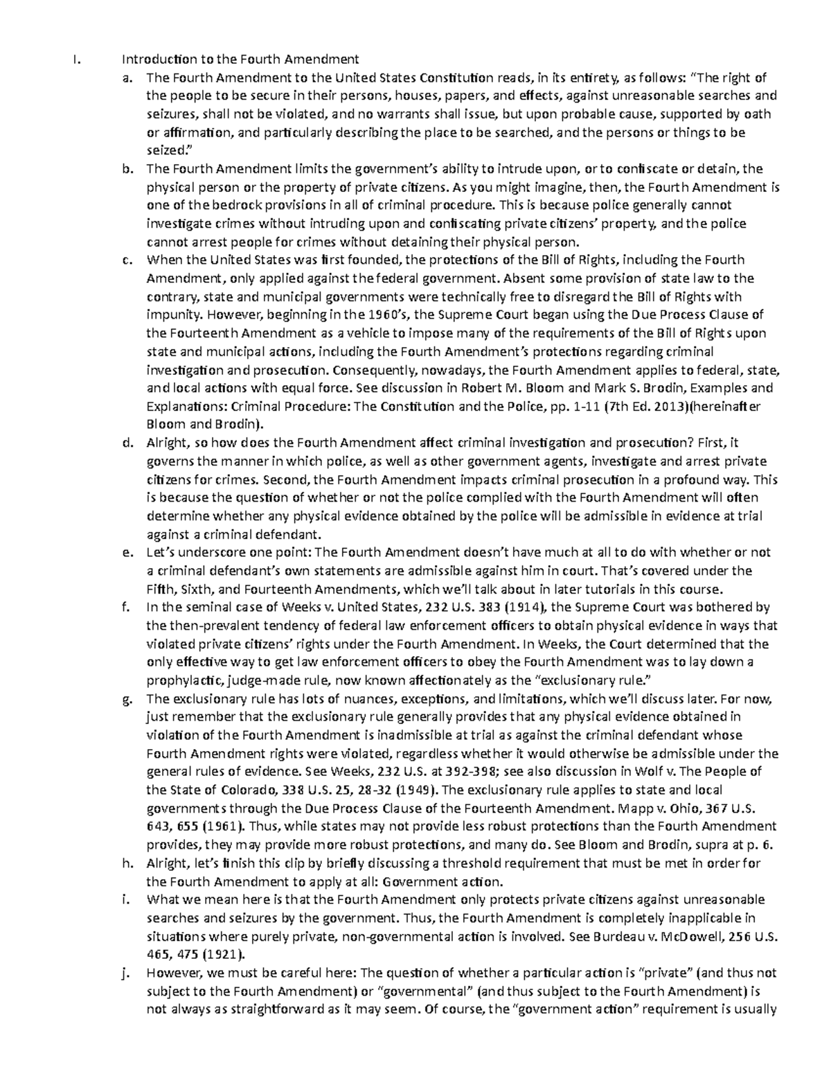 Introduction to the Fourth Amendment I. Introduction to the Fourth