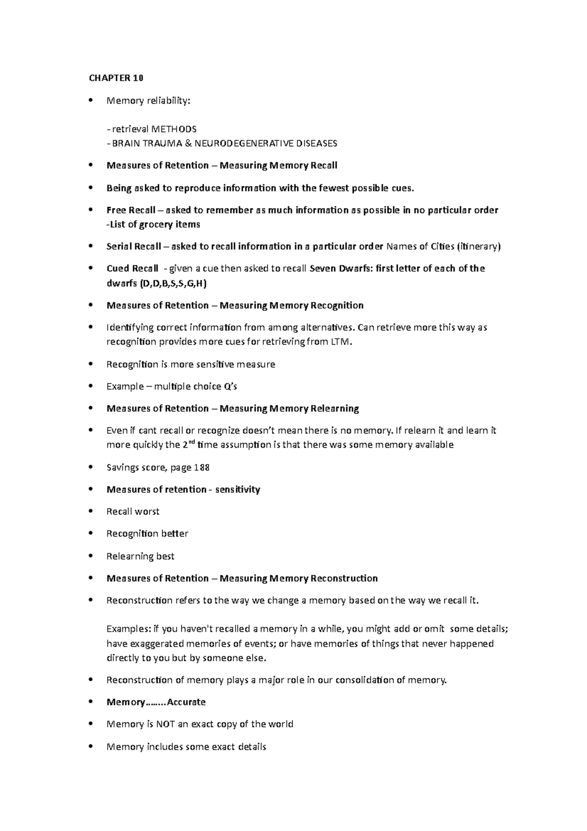 Chapter 10 - notes - CHAPTER 10 Memory reliability: retrieval METHODS ...