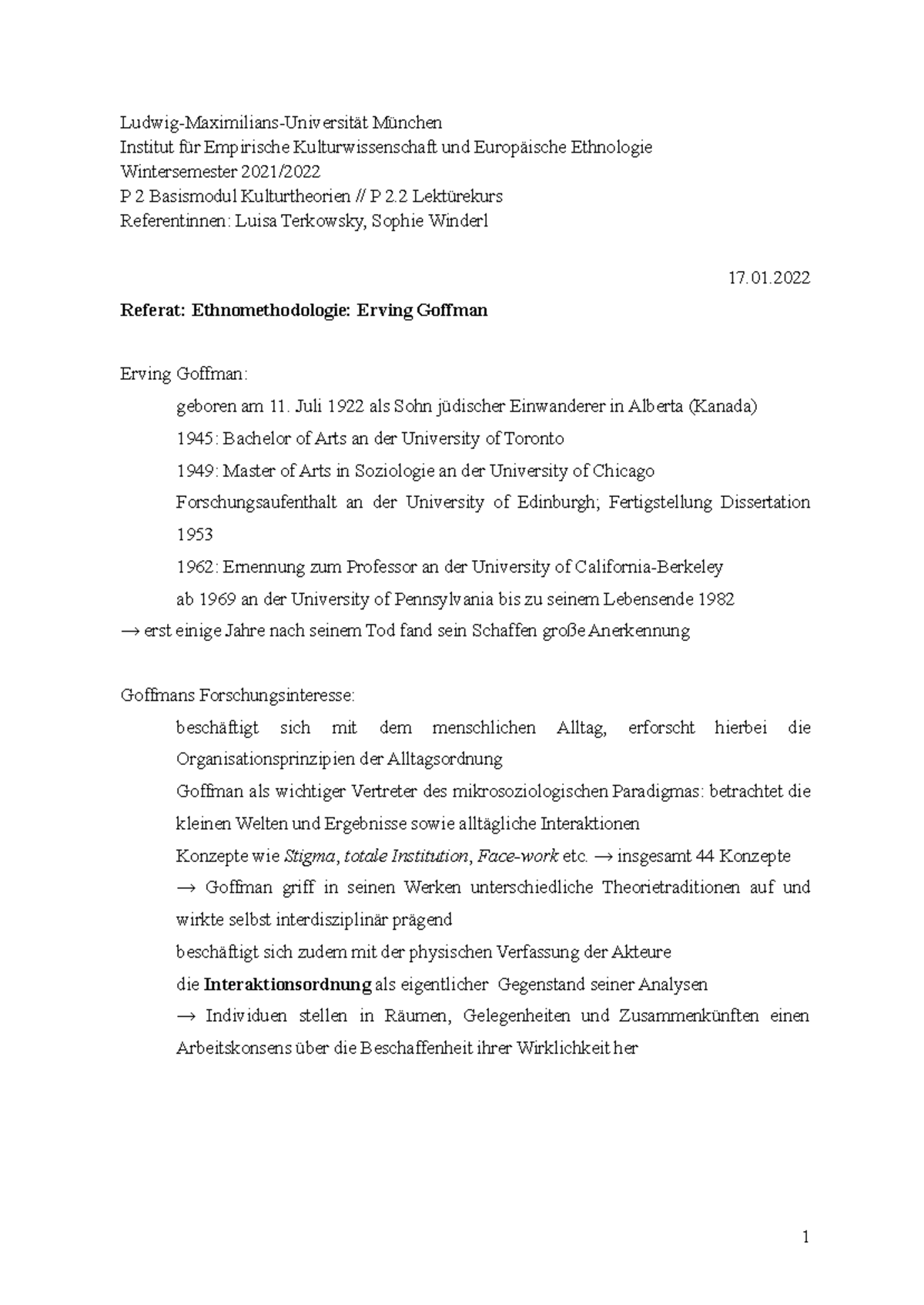Wir Alle Spielen Theater Handout Goffman. Wir alle spielen Theater - Ludwig-Maximilians