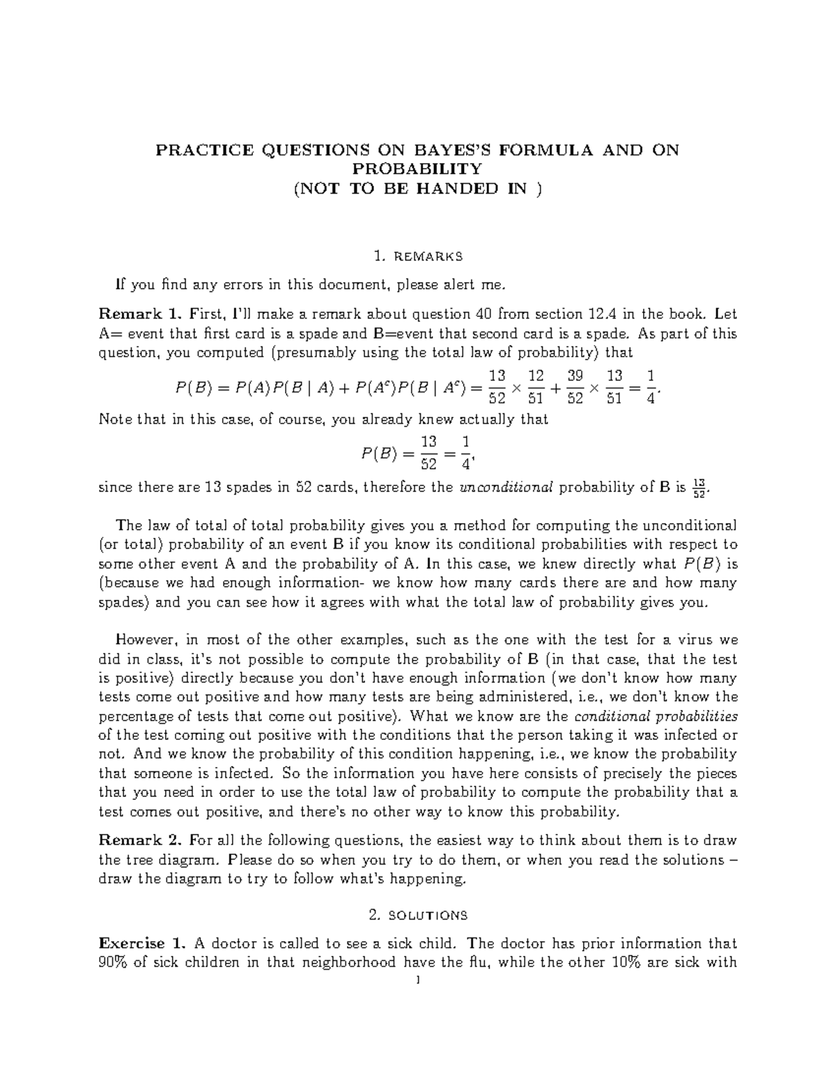 Practice on Bayes solutions - PRACTICE QUESTIONS ON BAYES’S FORMULA AND ...