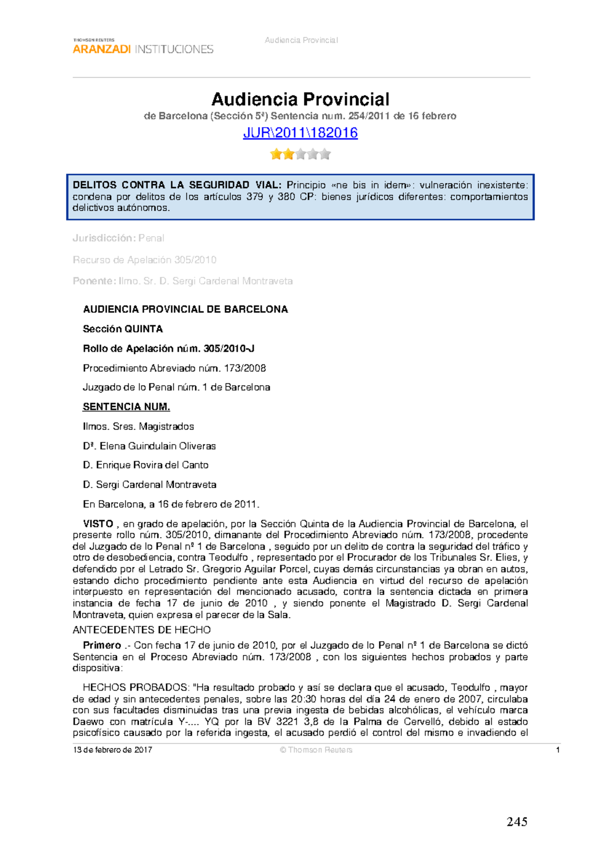 TEMA 15 DE LA Seguridad. SENTENCIA DERECHO PENAL II Audiencia Provincial de Barcelona (Sección TEMA 15 DE LA Seguridad. SENTENCIA DERECHO PENAL II Audiencia Provincial de Barcelona (Sección