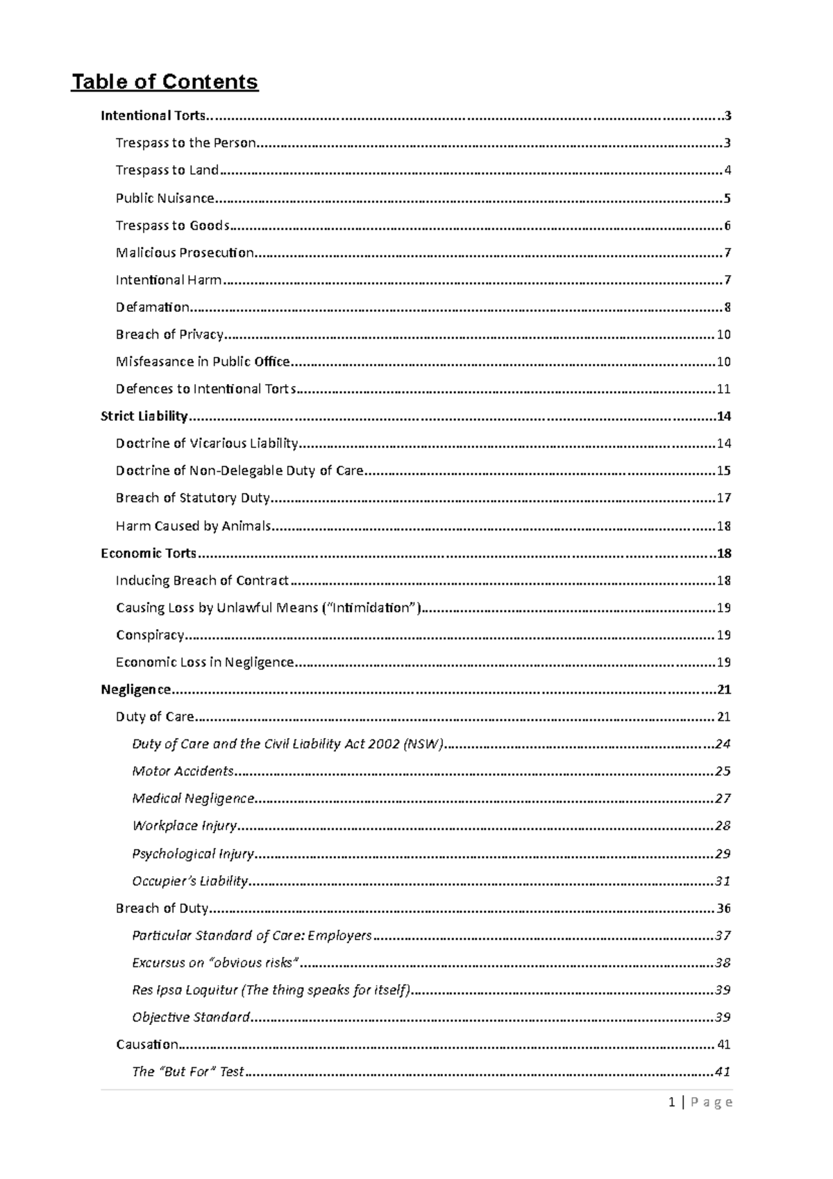 Summary - complete - Assessable areas of tort law - Table of Contents ...