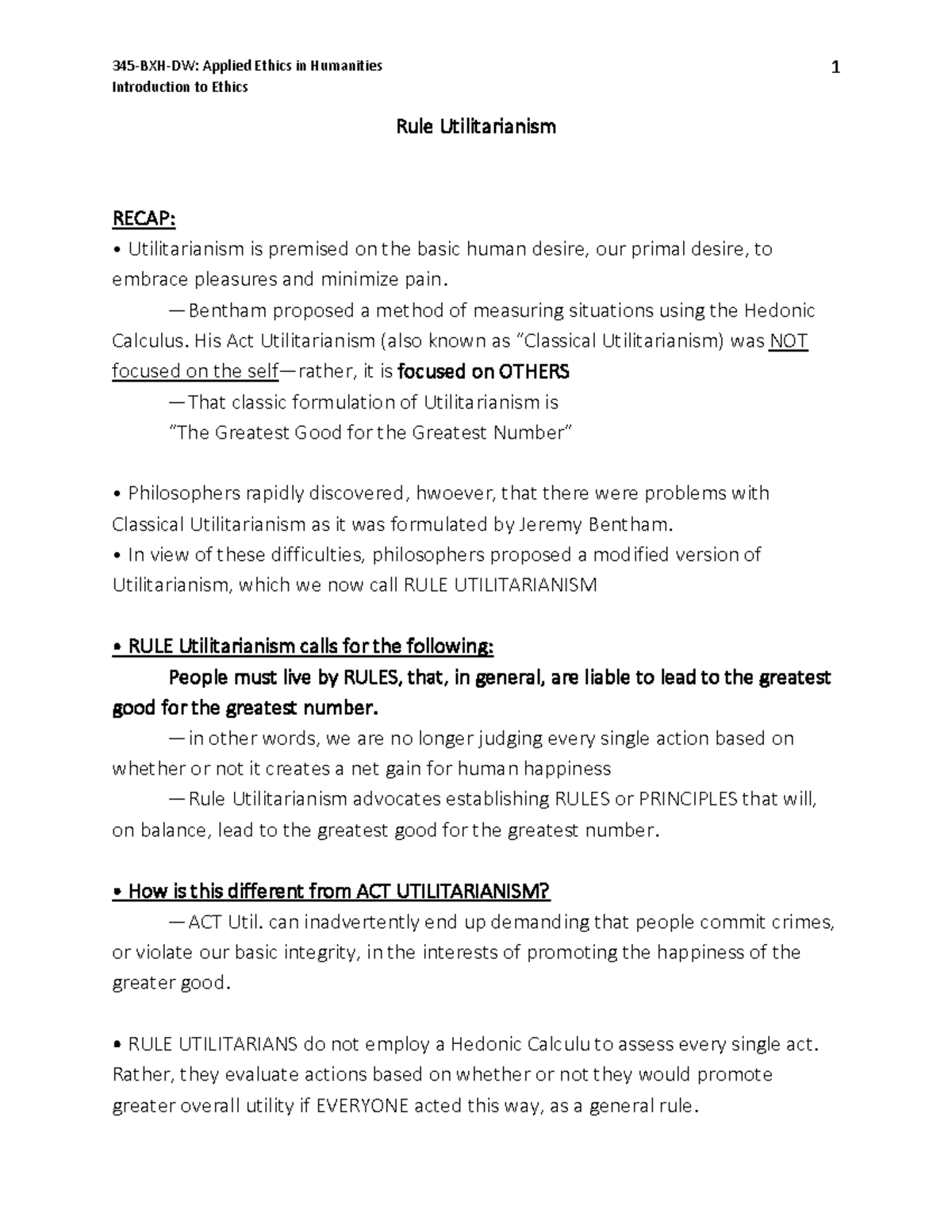2020 Notes Rule Utilitarianism - 345 -BXH-DW: Applied Ethics in ...