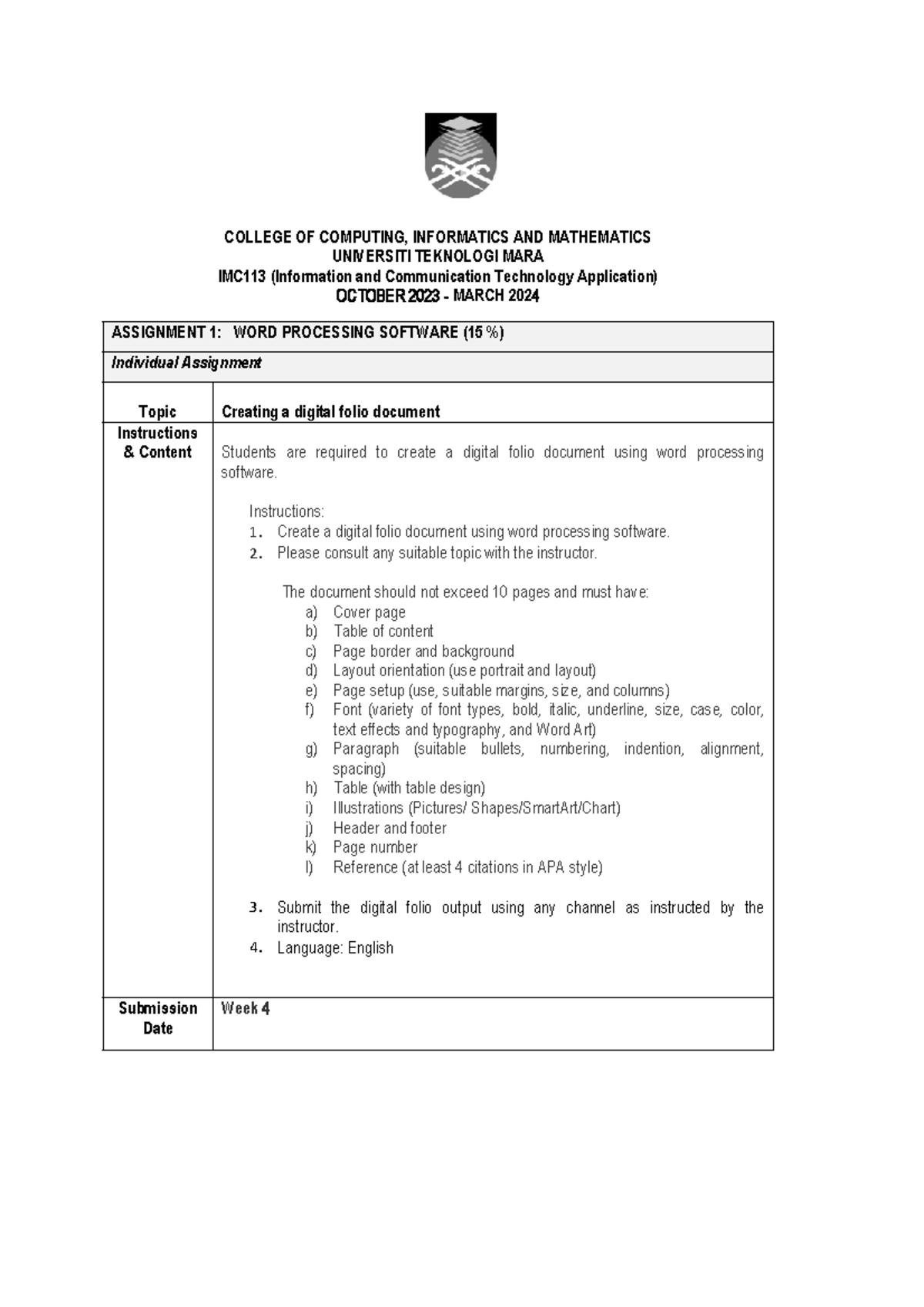 Guideline assignment 113 induvidual 1 college of computing