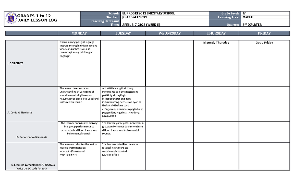 DLL Mapeh 4 Q3 W8 - STUDY - GRADES 1 to 12 DAILY LESSON LOG School: EL ...