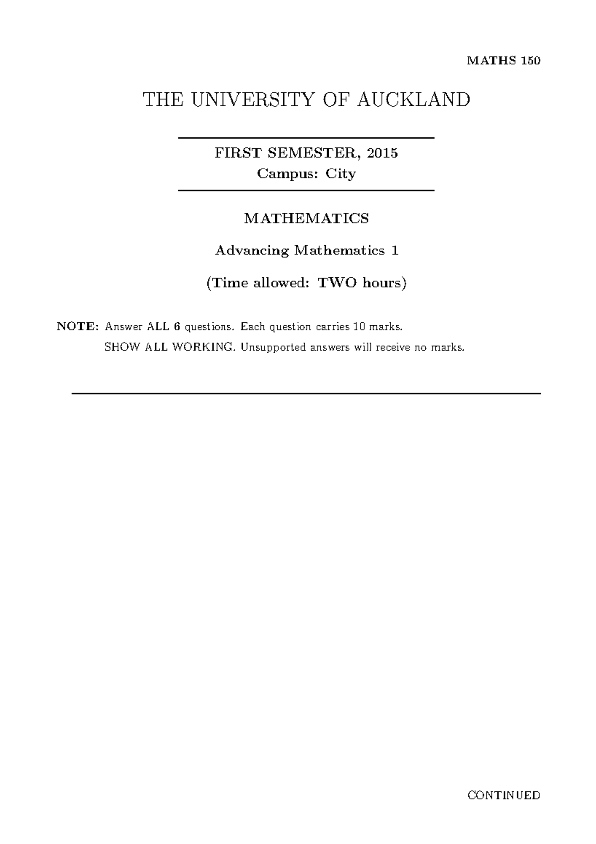 Exam June 2015, questions - MATHS 150 THE UNIVERSITY OF AUCKLAND FIRST ...