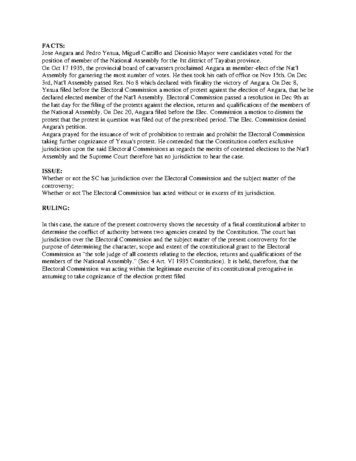 Angara v. Electoral Commission - G.R. No. L-45081 July 15, 1936 - FACTS ...