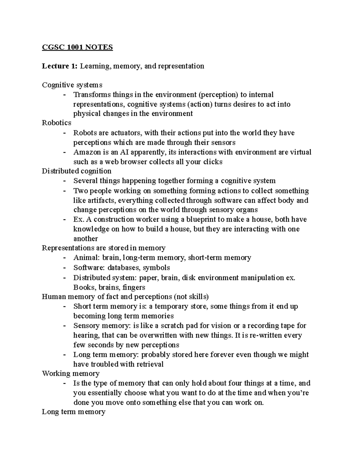 Cgsc 1001 Notes Cgsc 1001 Notes Lecture 1 Learning Memory And Cgsc 1001 Notes Cgsc 1001 Notes Lecture 1 Learning Memory And