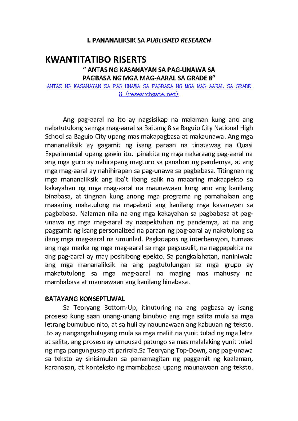 Mendoza- Pananaliksik - I. PANANALIKSIK SA PUBLISHED RESEARCH ...