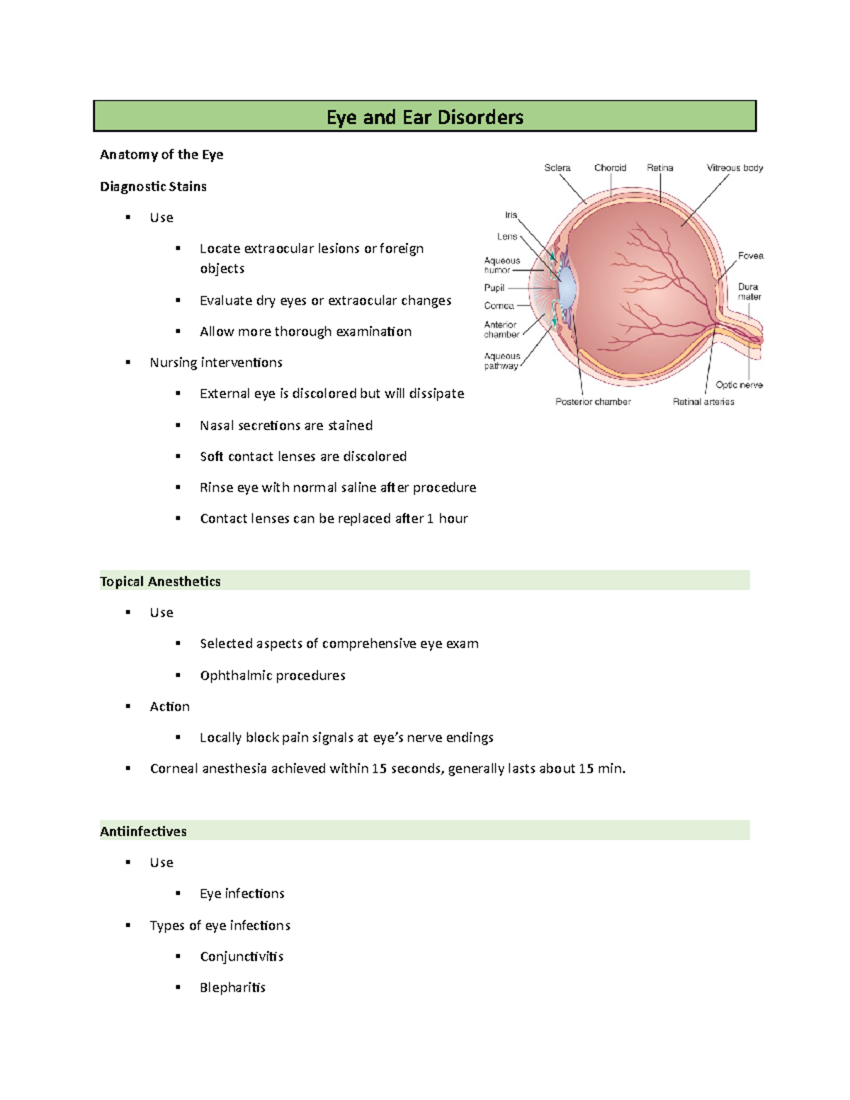 Pharm EYE Eye and Ear Disorders Anatomy of the Eye Diagnostic Stains