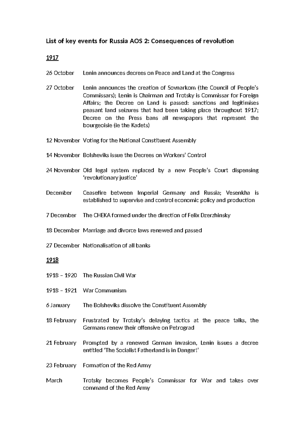 Timeline of key events Russia AOS 2 edited List of key events for