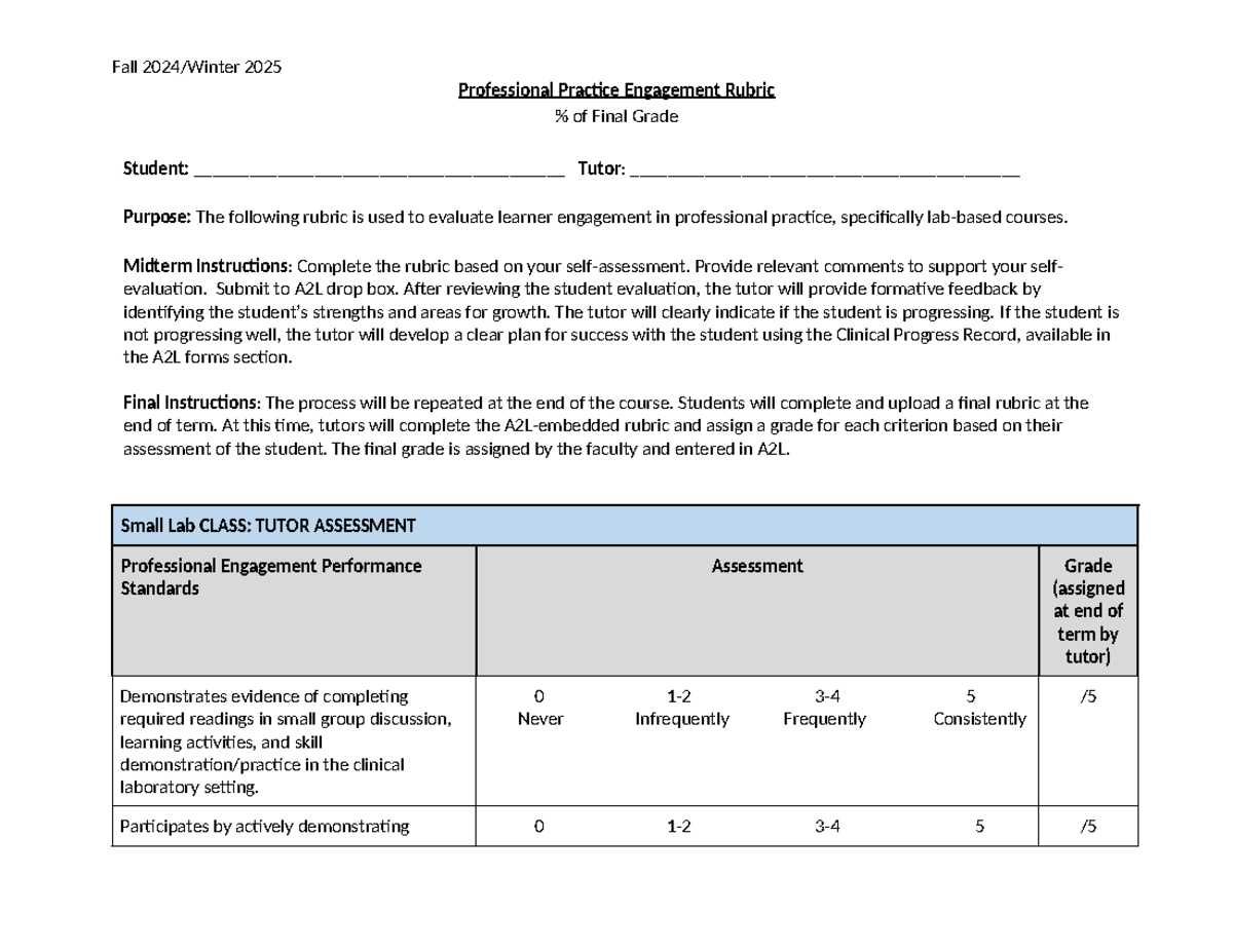 Lab Engagement Rubric - Fall 2024/Winter 2025 Professional Practice ...