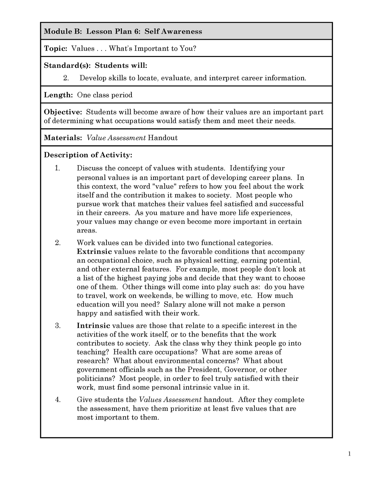 Values whats important to you - Module B: Lesson Plan 6: Self Awareness ...