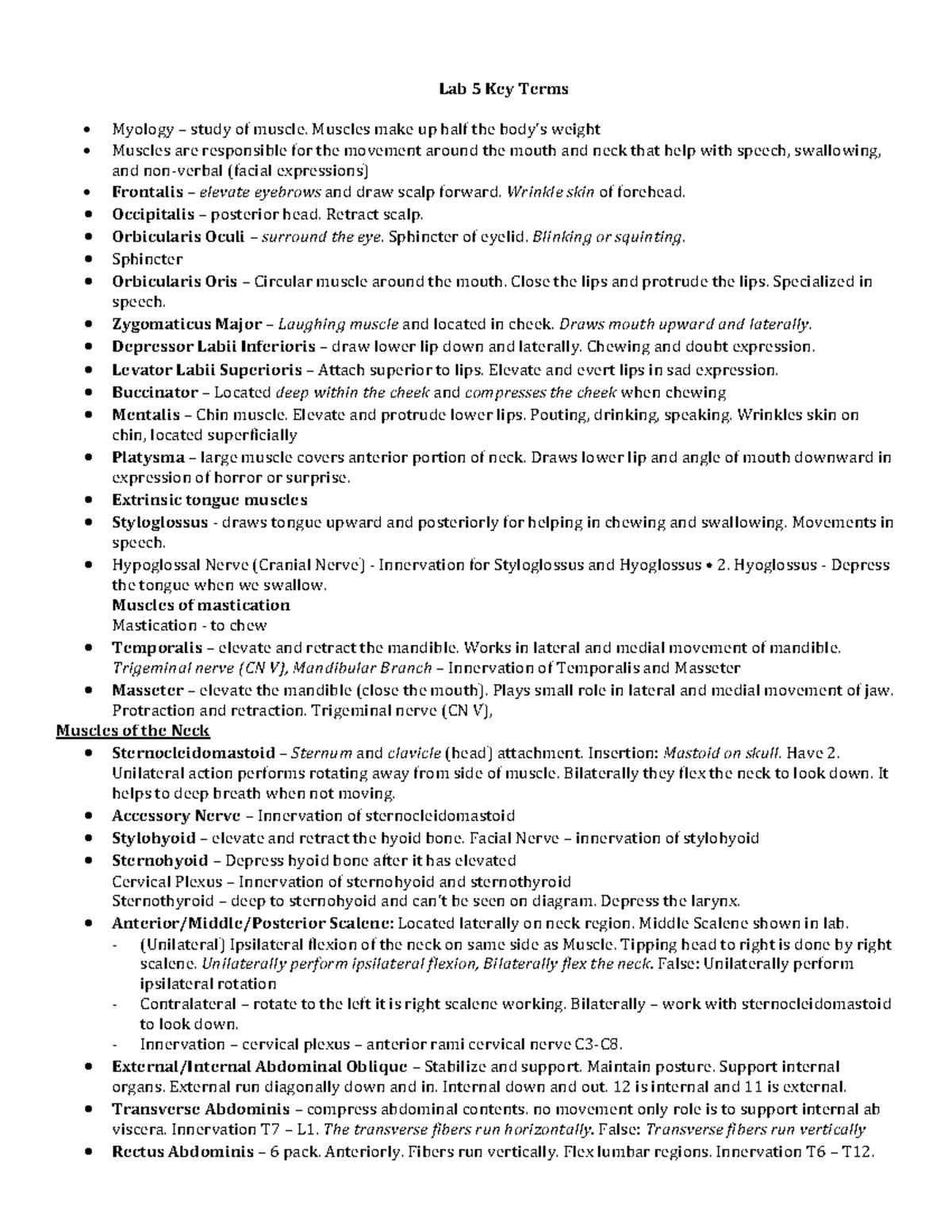 Lab 5 Key Terms - Lab notes - Lab 5 Key Terms • Myology – study of ...
