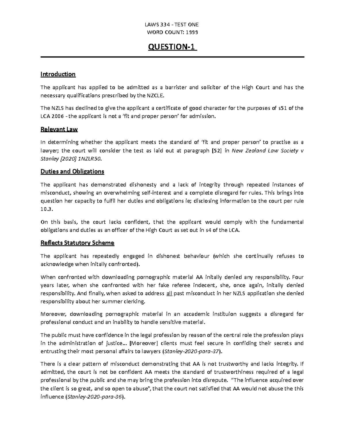 LAWS 334- test one- B+ - exam b+ - WORD COUNT: 1999 QUESTION ...