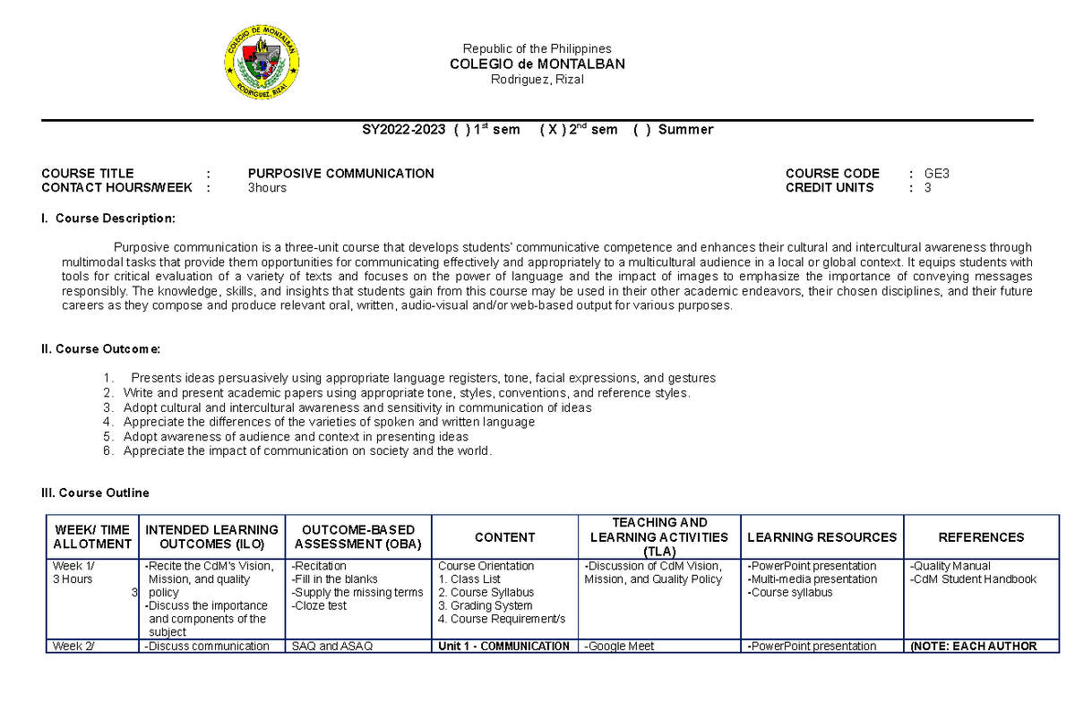 Syllabus Purposive Communication - Republic Of The Philippines Colegio 