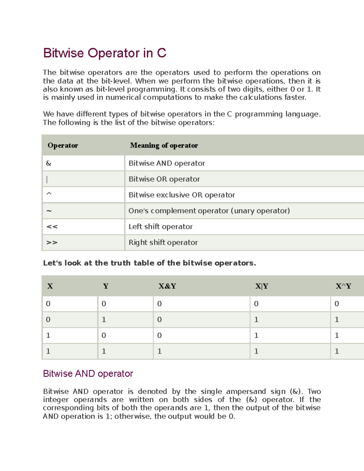 Bitwise Operators In C - Bitwise Operator In C The Bitwise Operators ...