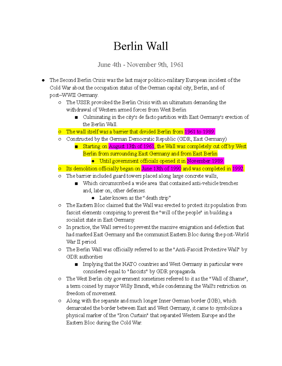 berlin wall essay points