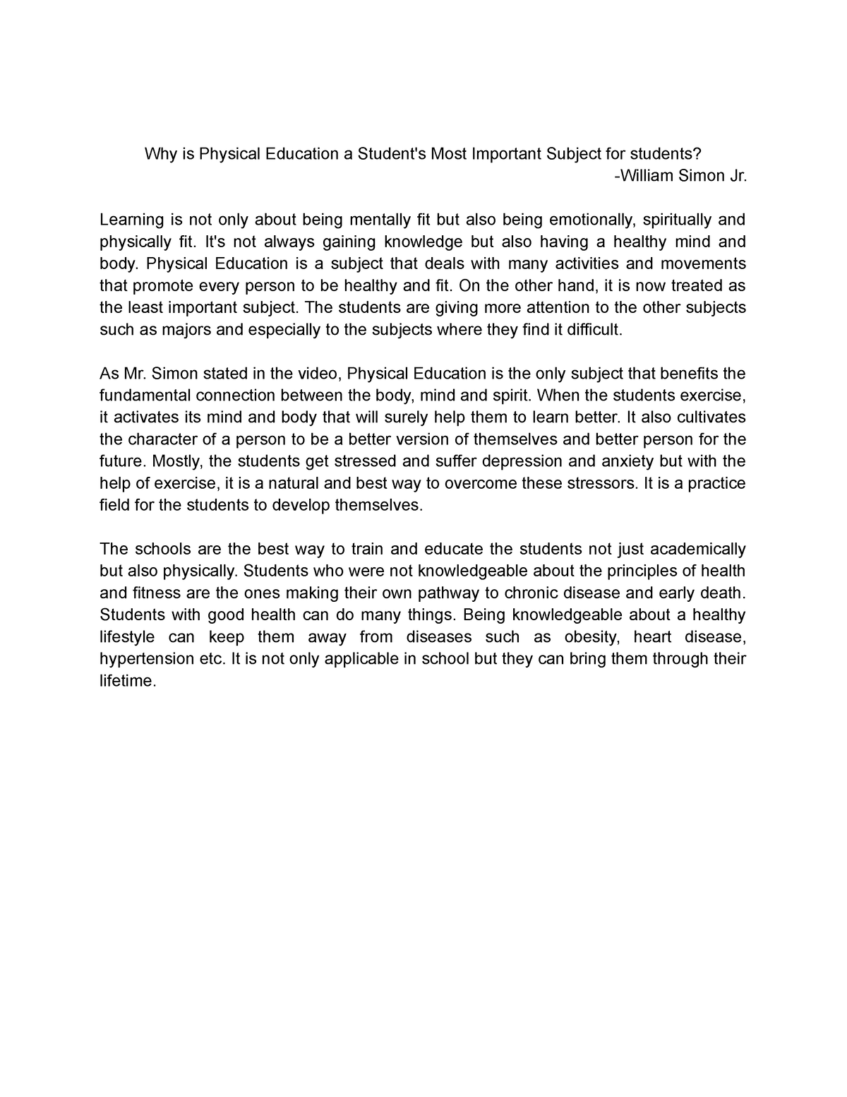 why is physical education a students most important subject essay