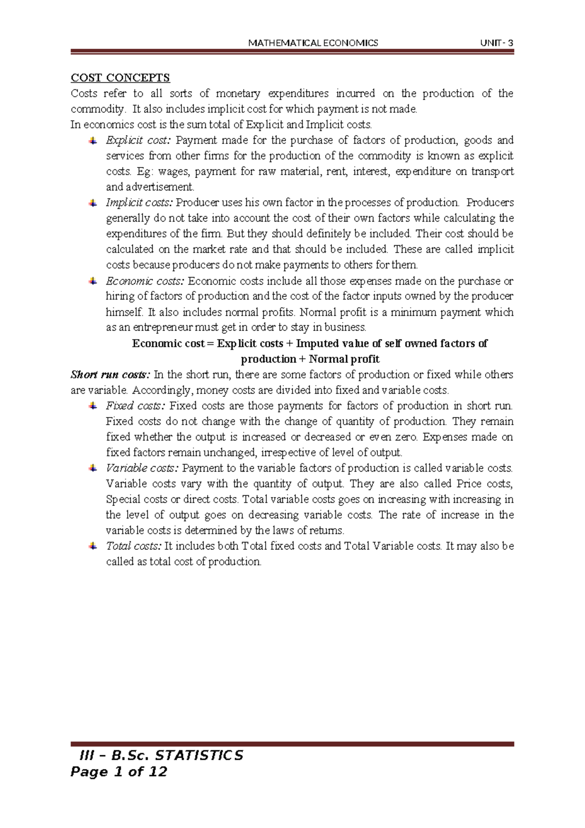 Fundamentals of managerial mathematical economics - COST CONCEPTS Costs ...