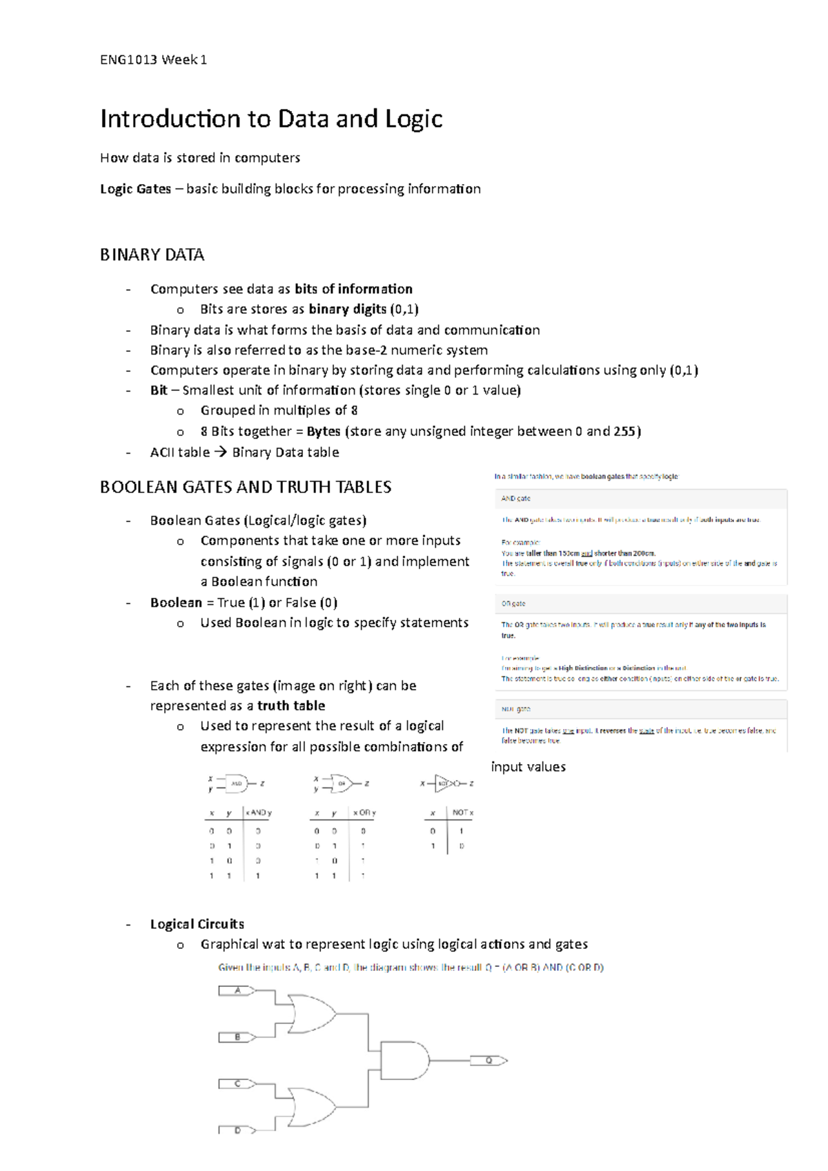 W1 Introduction to Data and Logic - ENG1013 Week 1 Introduction to Data ...