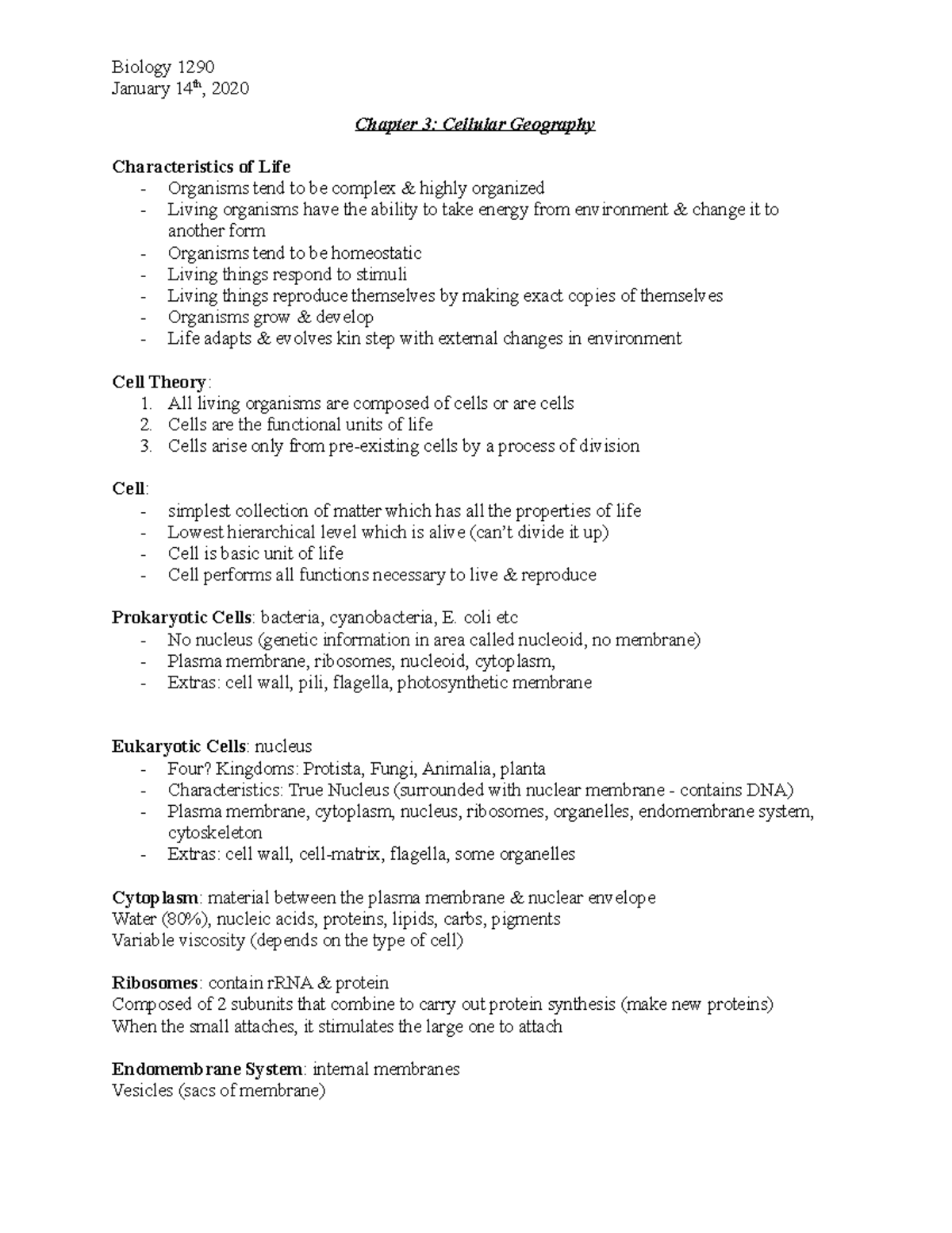 1290 Day 2 Cellular Geography Biology 1290 January 14th, 2020