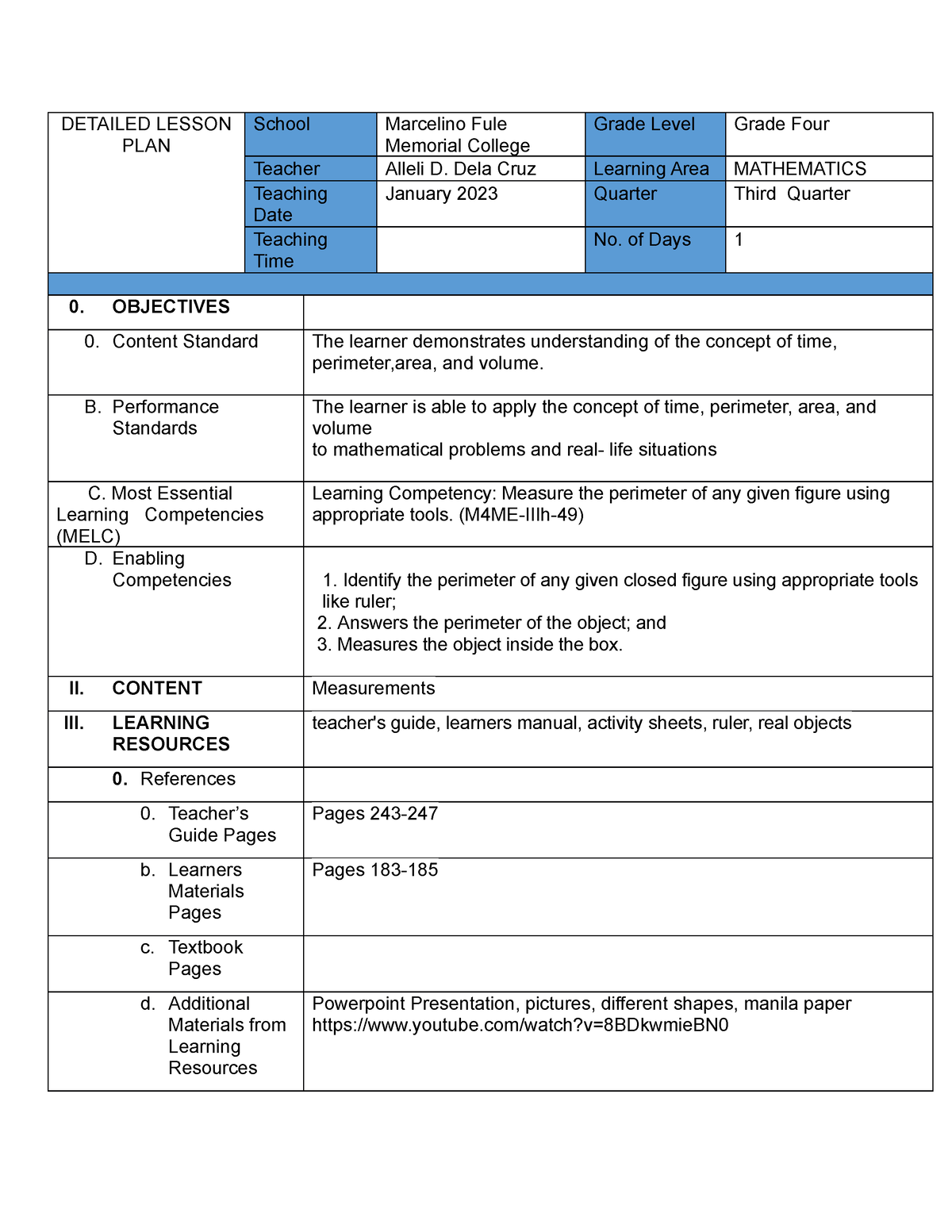 Detailed Lesson PLAN in mathematic 4 - DETAILED LESSON PLAN School ...