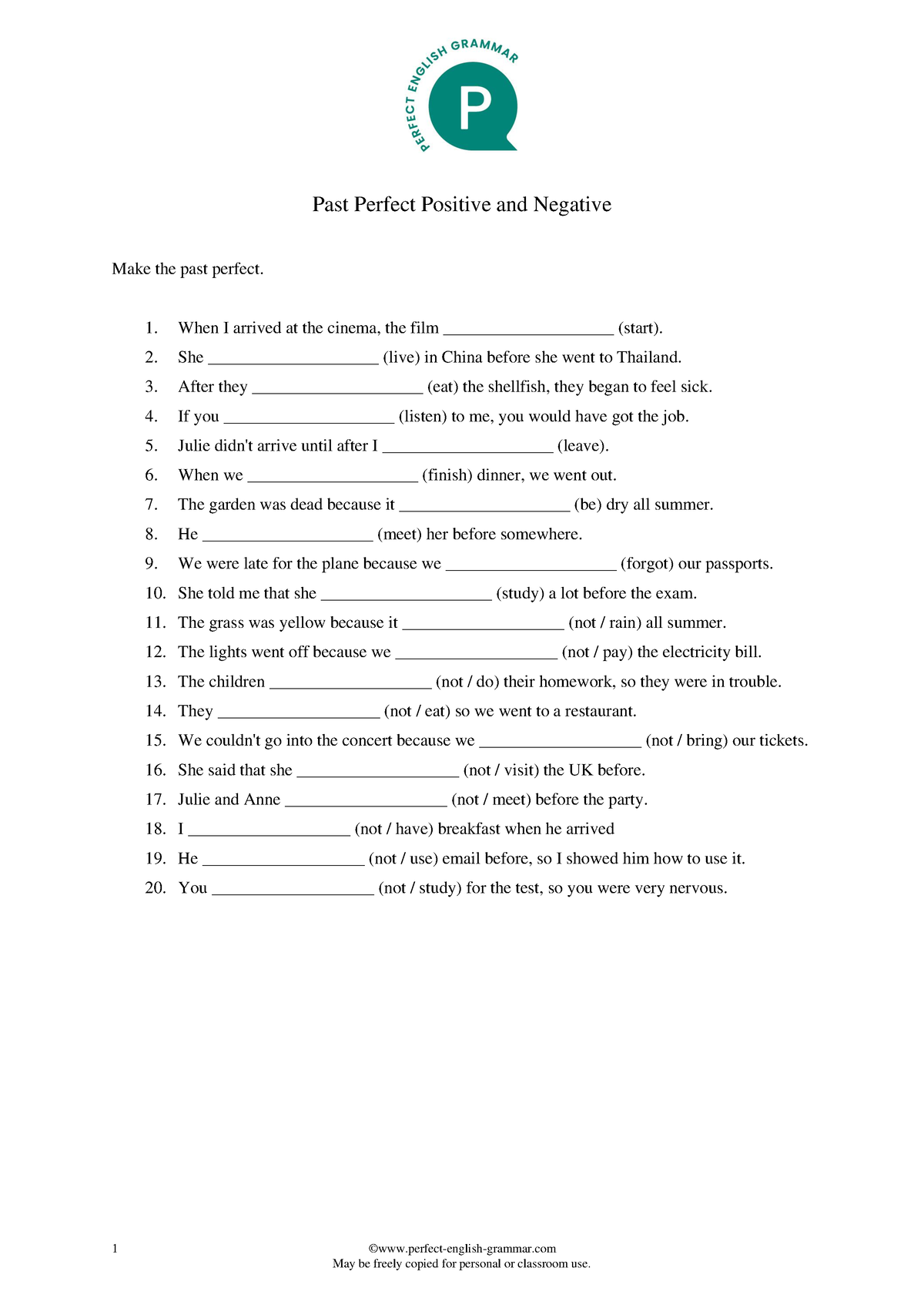 Past perfect simple form positive and negative - 1 ©perfect-english ...