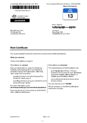 Rent Certificate - Yes - Locked Bag 7834 Canberra BC, ACT 2610 Your  Customer Reference Number is: - Studocu
