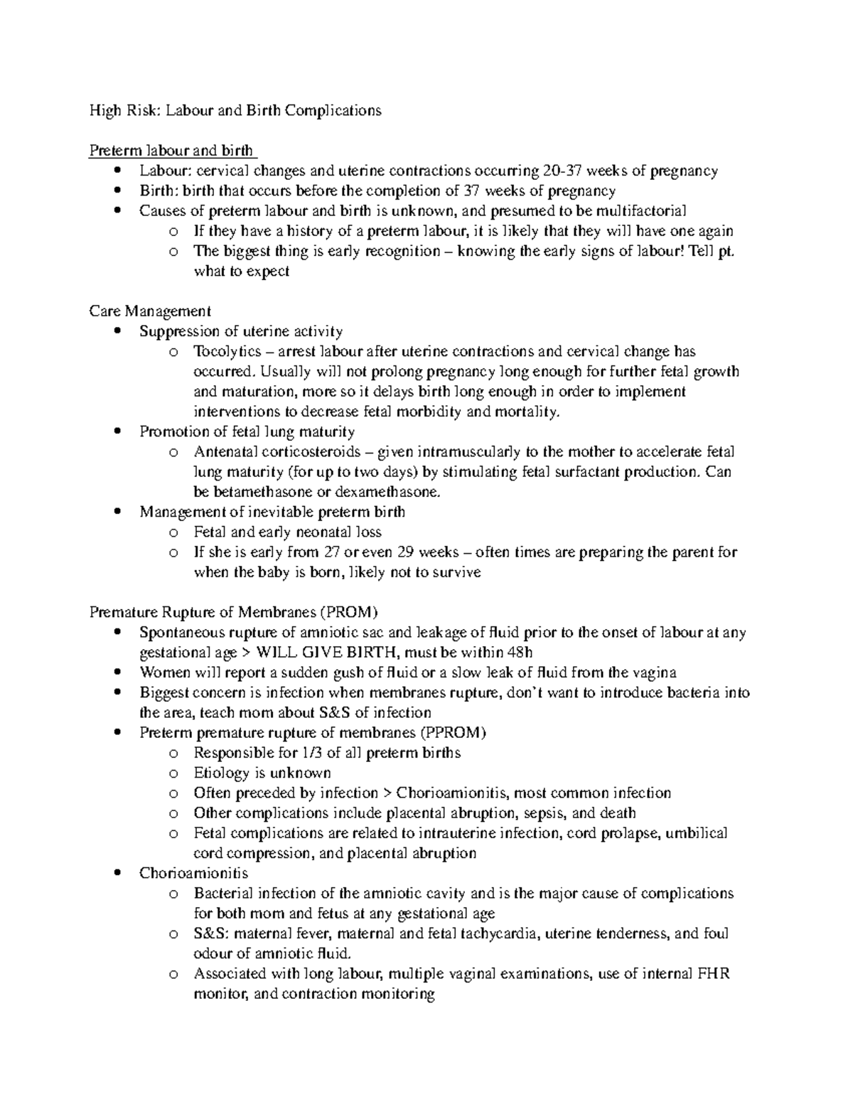 Lecture notes, lectures 12-13 - high risk: labour and birth ...