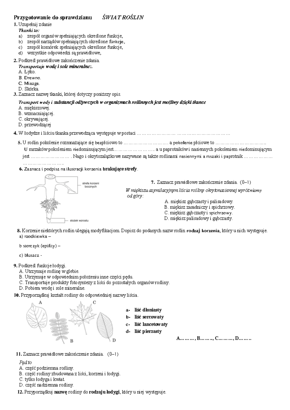 Sprawdzian Biologia Swiat Roślin Gimazjum Kl 1 www.studocu.com