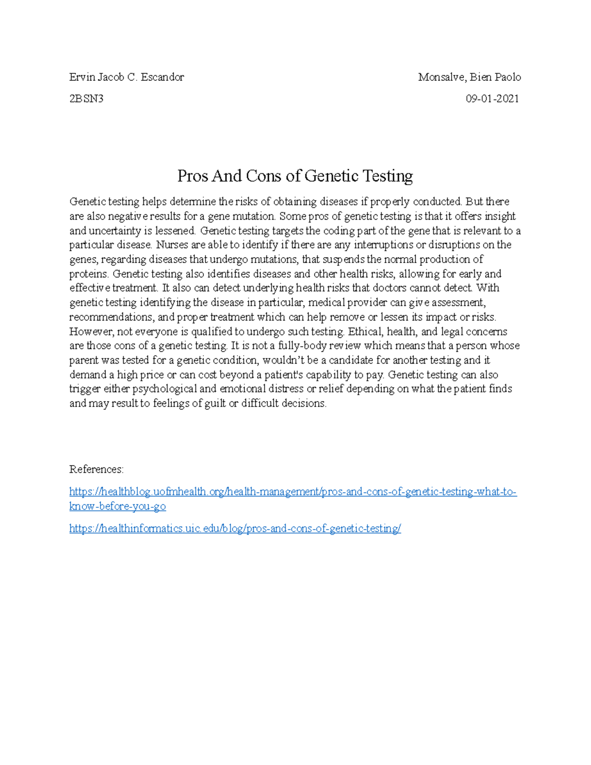 Pros and Cons of Genetic Testing - Ervin Jacob C. Escandor Monsalve ...