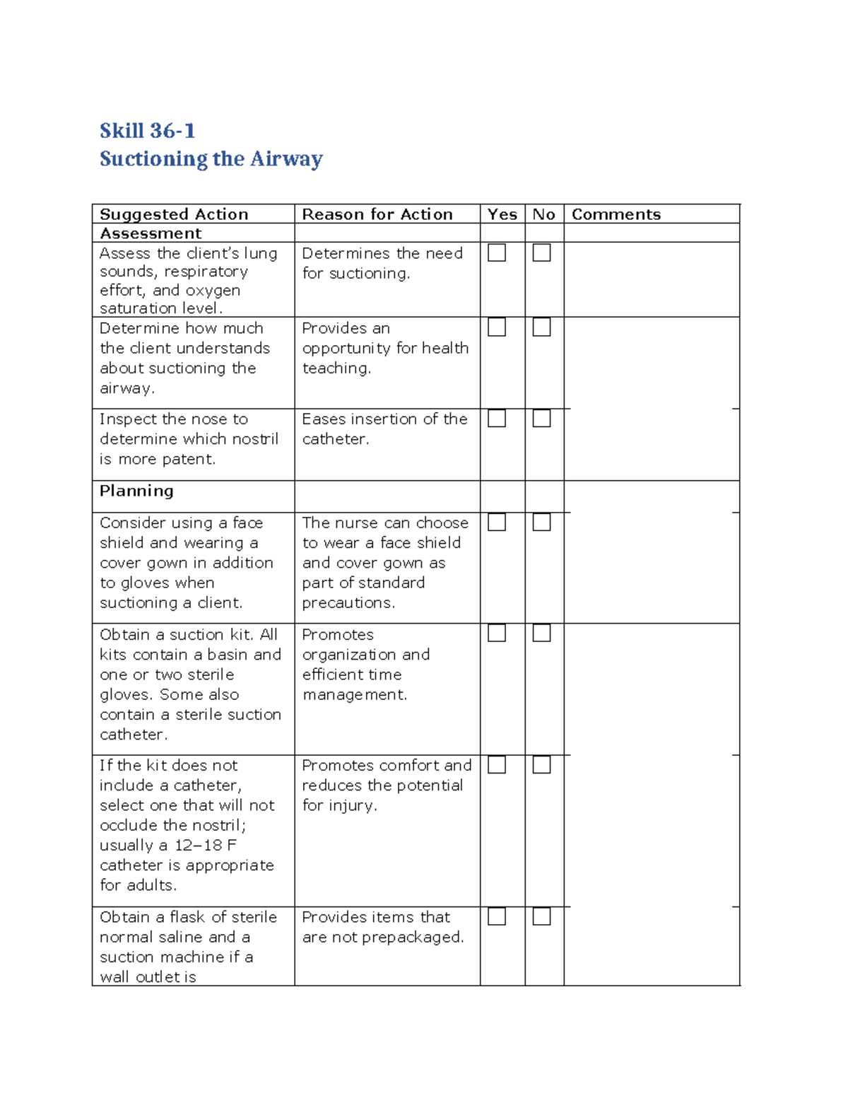 Skill Checklist 36-1 Suctioning The Airway - Skill 36- Suctioning the ...