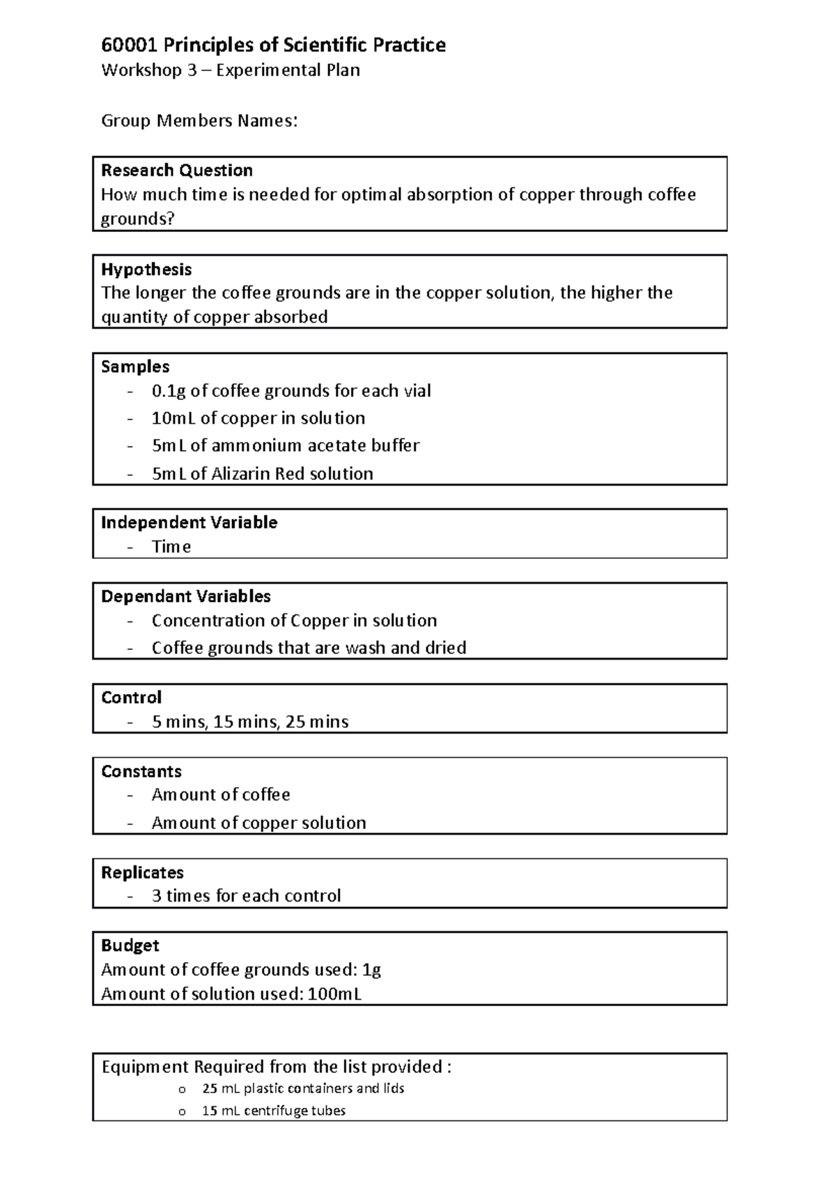 Workshop 3 Experimental plan electronic form - 60001 Principles of ...