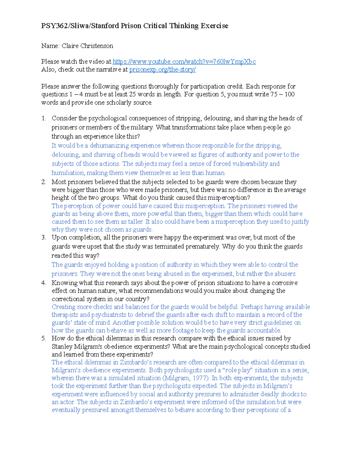 Stanford Prison In class activity - Prison Critical Thinking Exercise ...