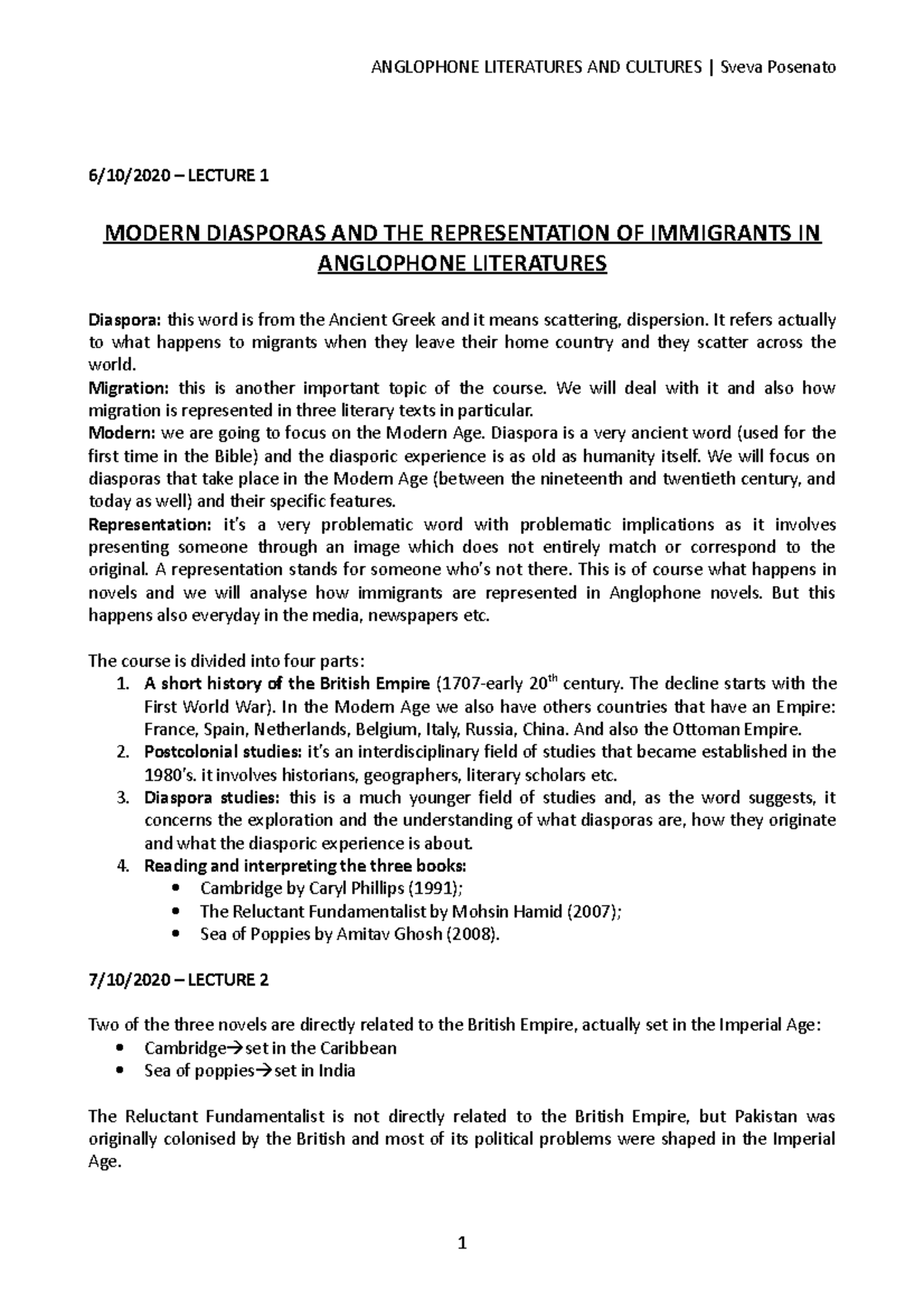 Anglophone parte 1 - 6/10/2020 – LECTURE 1 MODERN DIASPORAS AND THE ...
