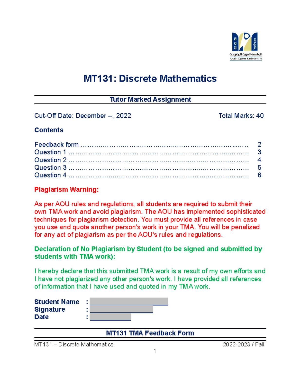 MT131 TMA December 2022 - MT131: Discrete Mathematics Tutor Marked ...