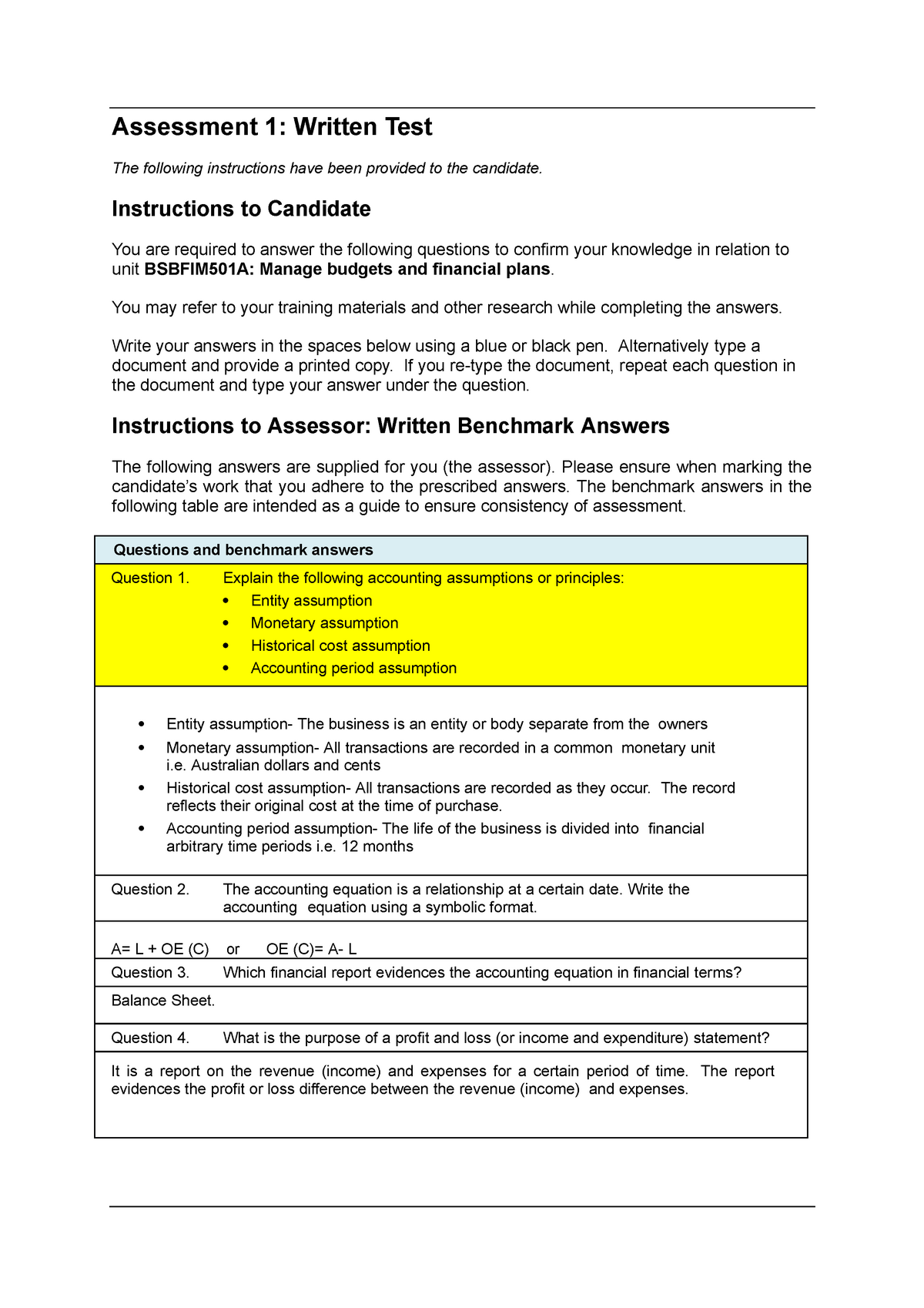 Bsbfim 501A sample-Assessment Assessor Guide - Assessment 1: Written ...