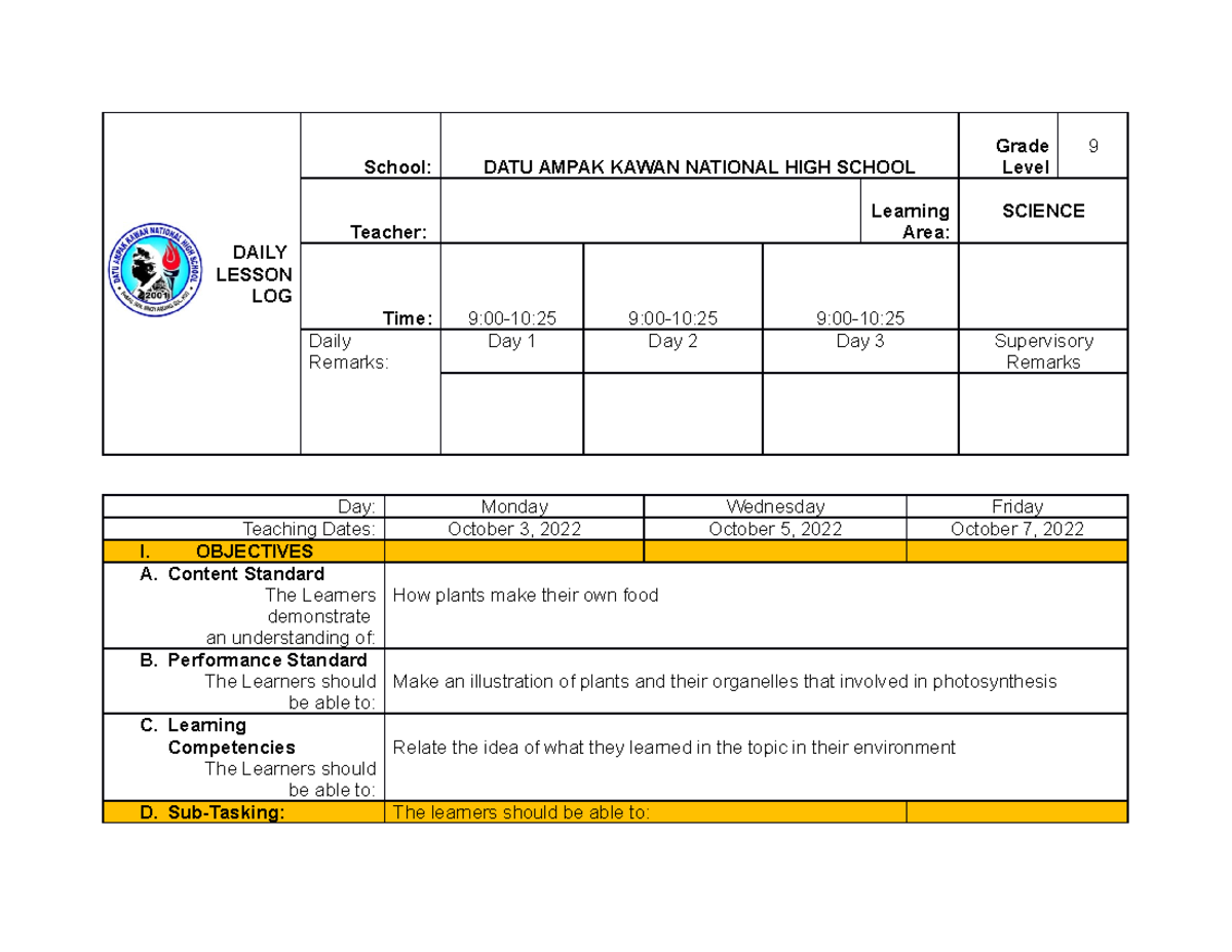 Daily Lesson Log in Science - DAILY LESSON LOG School: DATU AMPAK KAWAN ...