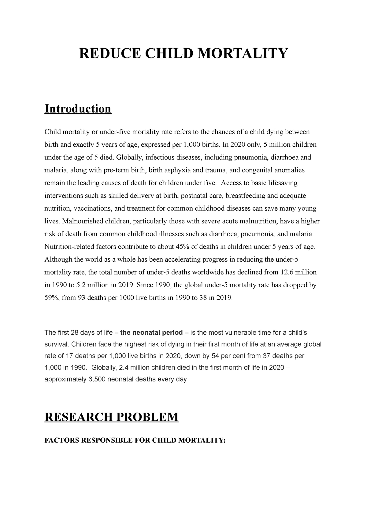 essay about reduce child mortality