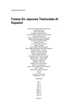 Vocabulairo Japones para principiantes - VOCABULAIRO JAPONES Frases En Japones  Traducidas Al Español - Studocu