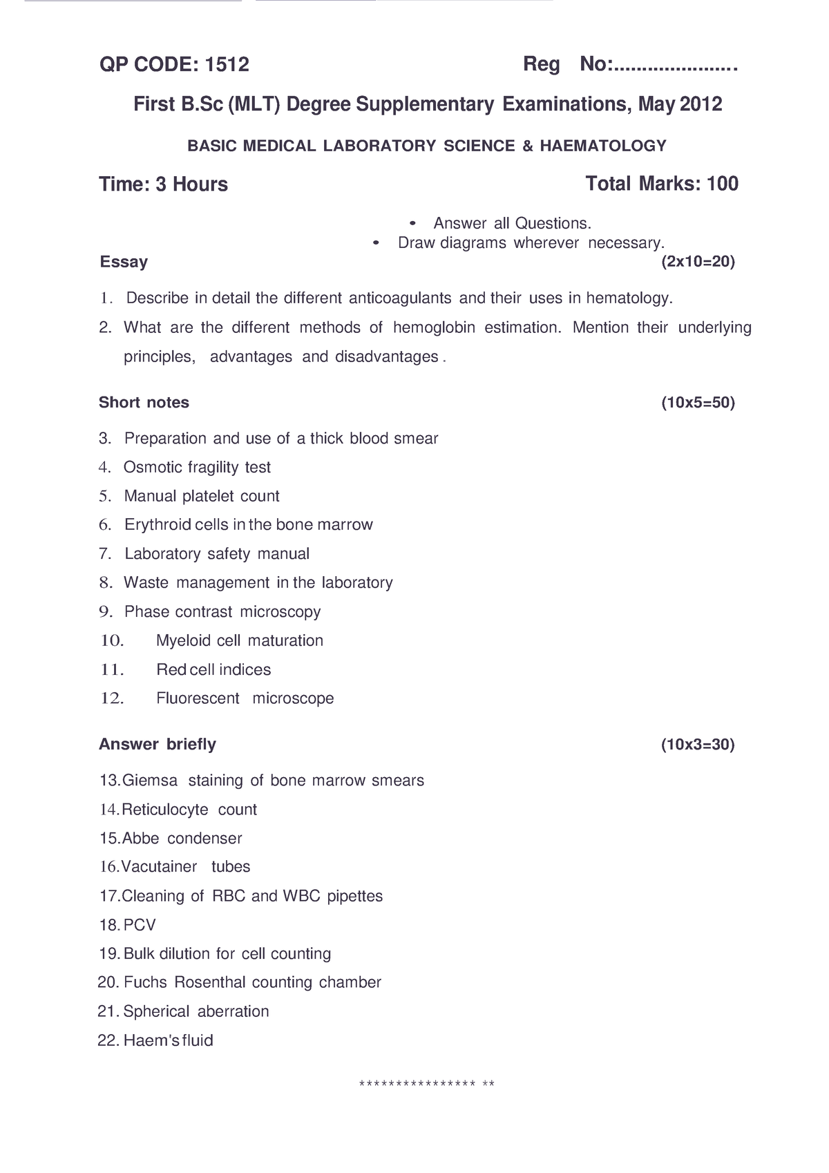 Kuhs first bsc mlt exam question paper may 2012 basic medical