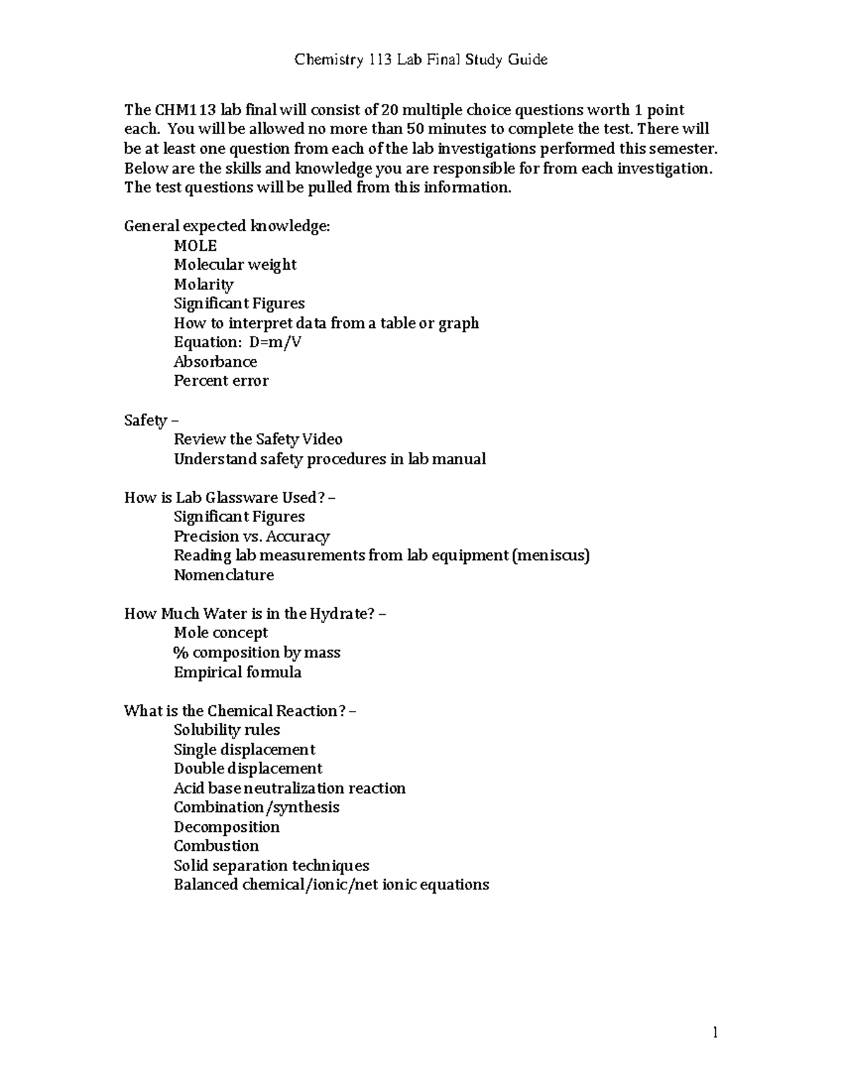 CHM 113 Study Guide-3-2 - Chemistry 113 Lab Final Study Guide 1 The ...