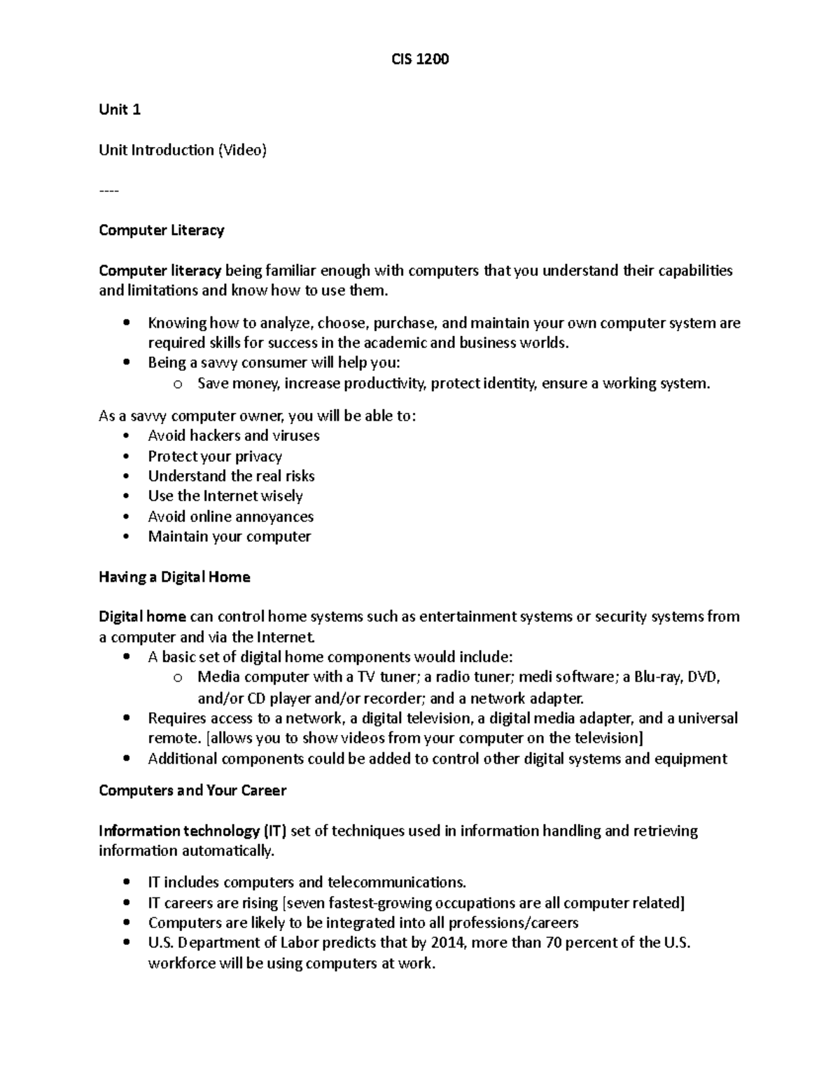 CIS 1200 Notes - Unit 1 Unit Introduction (Video) Computer Literacy ...