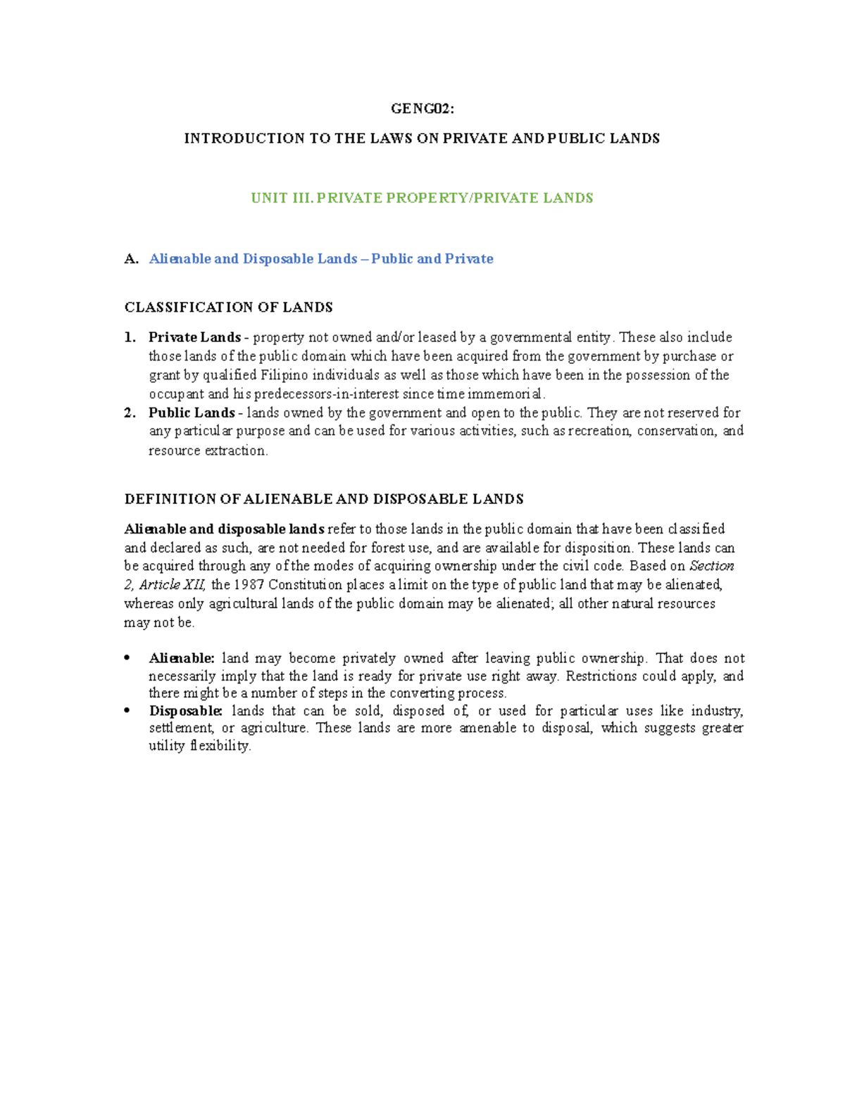 GENG02 UNIT III Report notes for alienable and disposable land